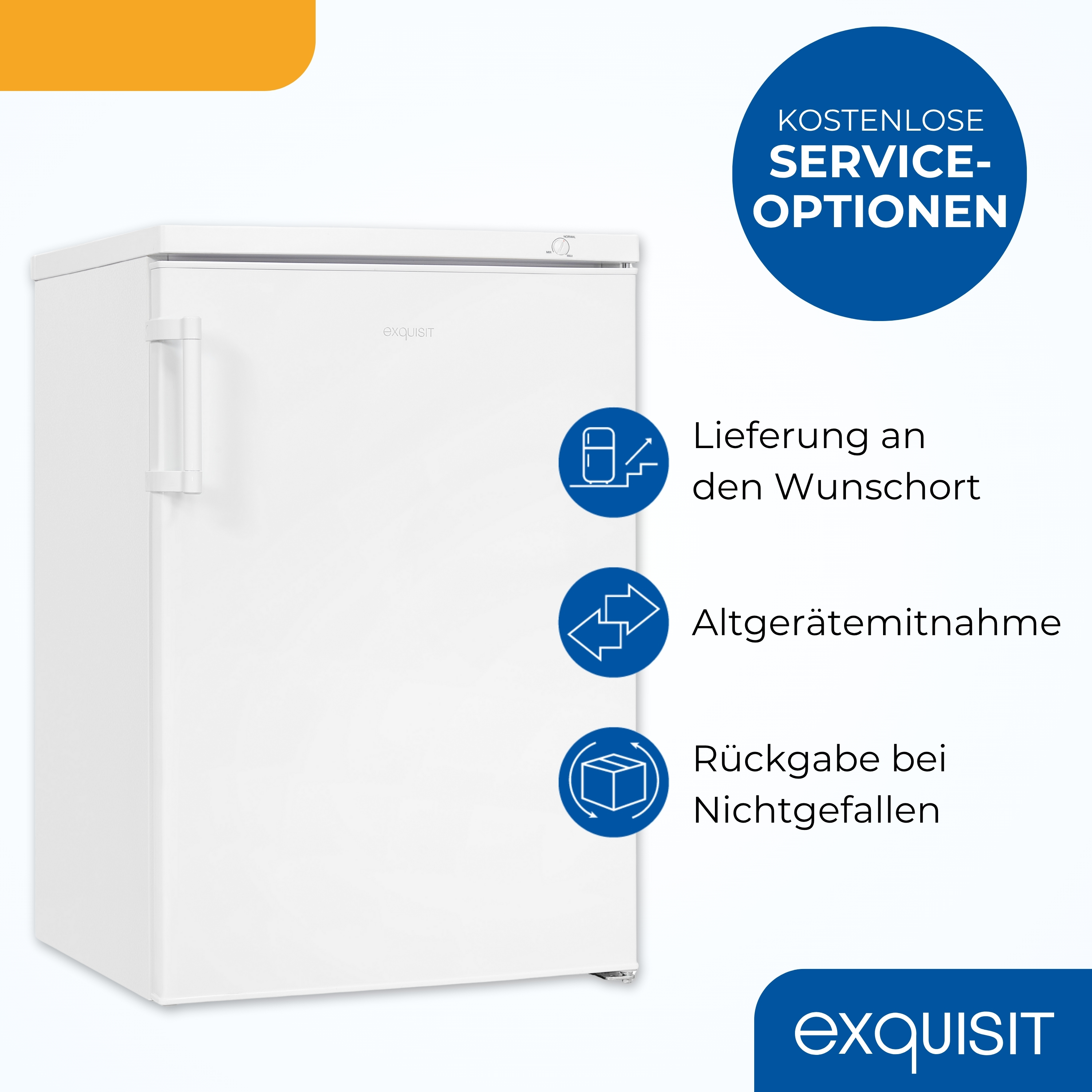 Ein weißer Kühlschrank mit drei Icons und Text daneben.