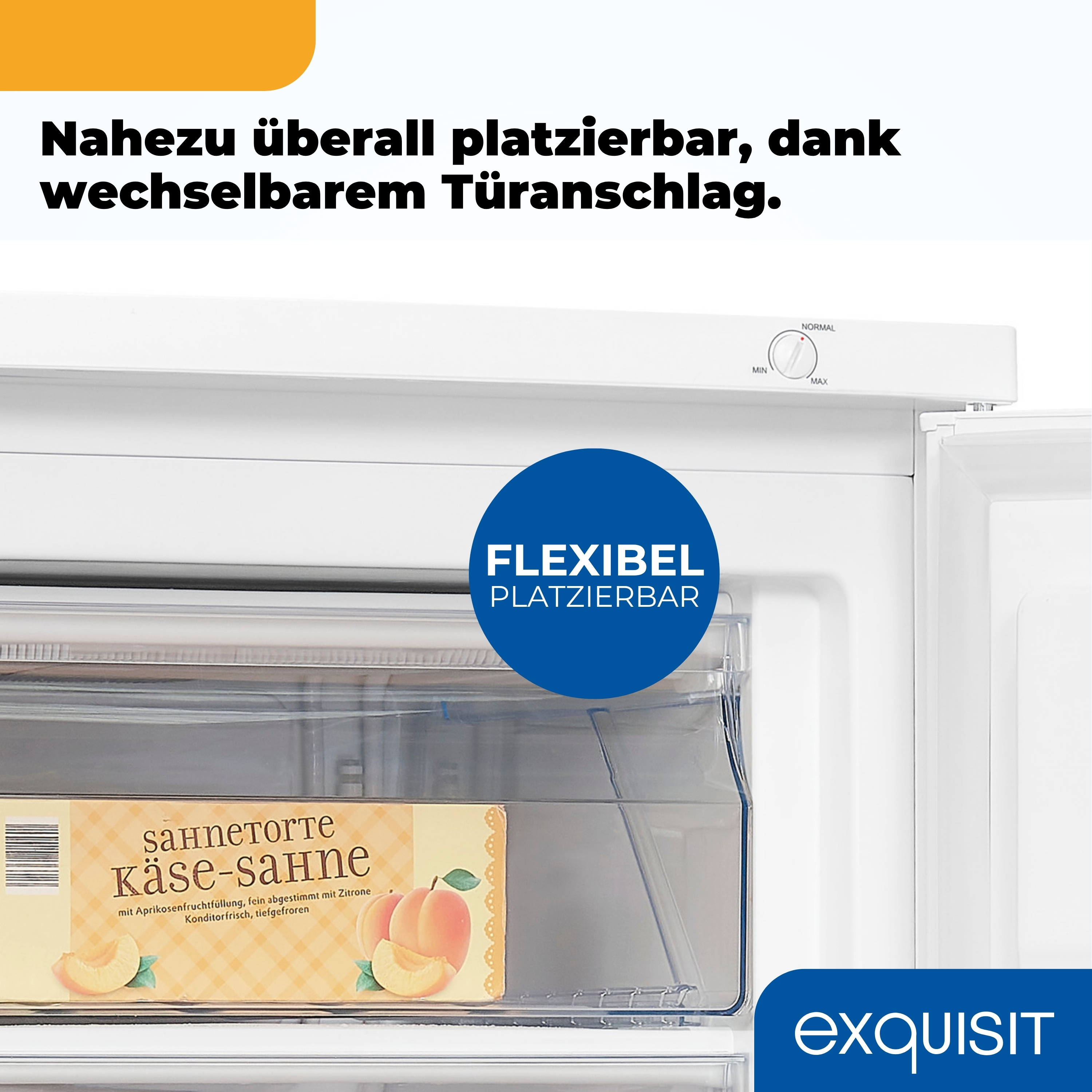 Ein Kühlschrank mit flexibler Platzierung und einer Käse-Sahne-Torte.