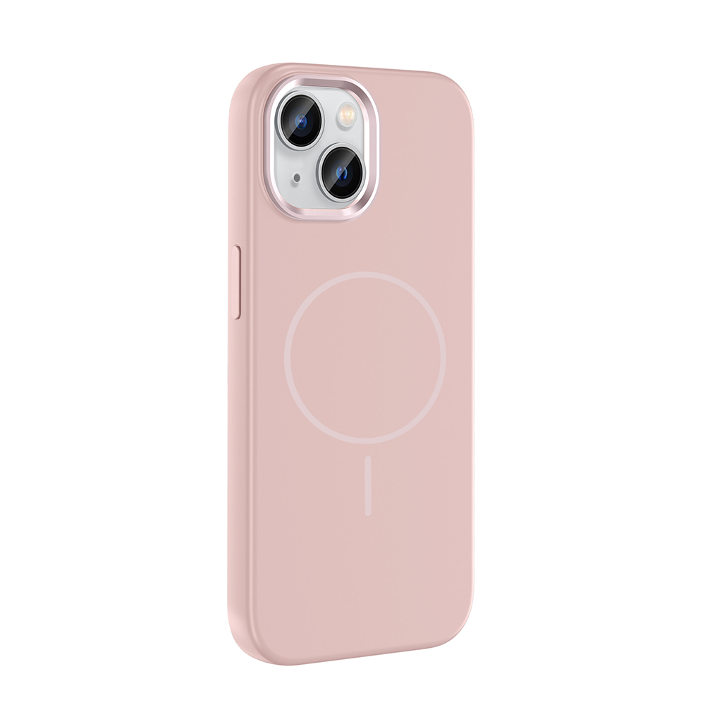 İki kameralı ve dairesel manyetik halkalı pembe telefon kılıfı.