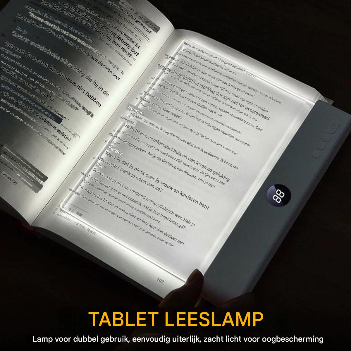 Eine Person liest ein Buch mit einer LED-Lampe, auf der 88 steht.