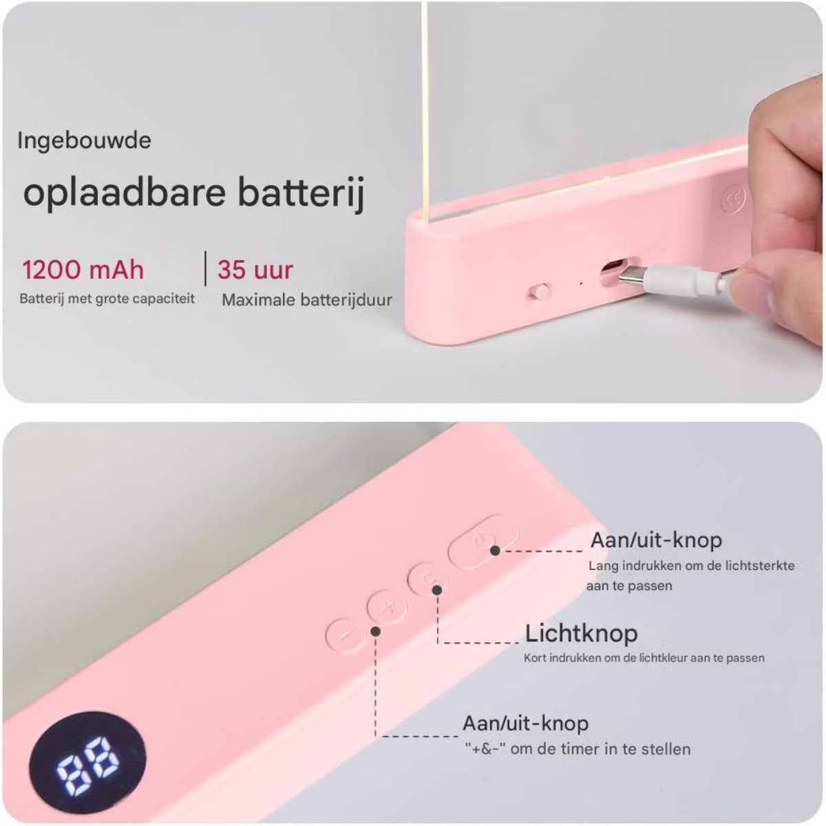 Ein rosa Gerät mit Ladeanschluss und Tasten. Die Batteriekapazität beträgt 1200 mAh.