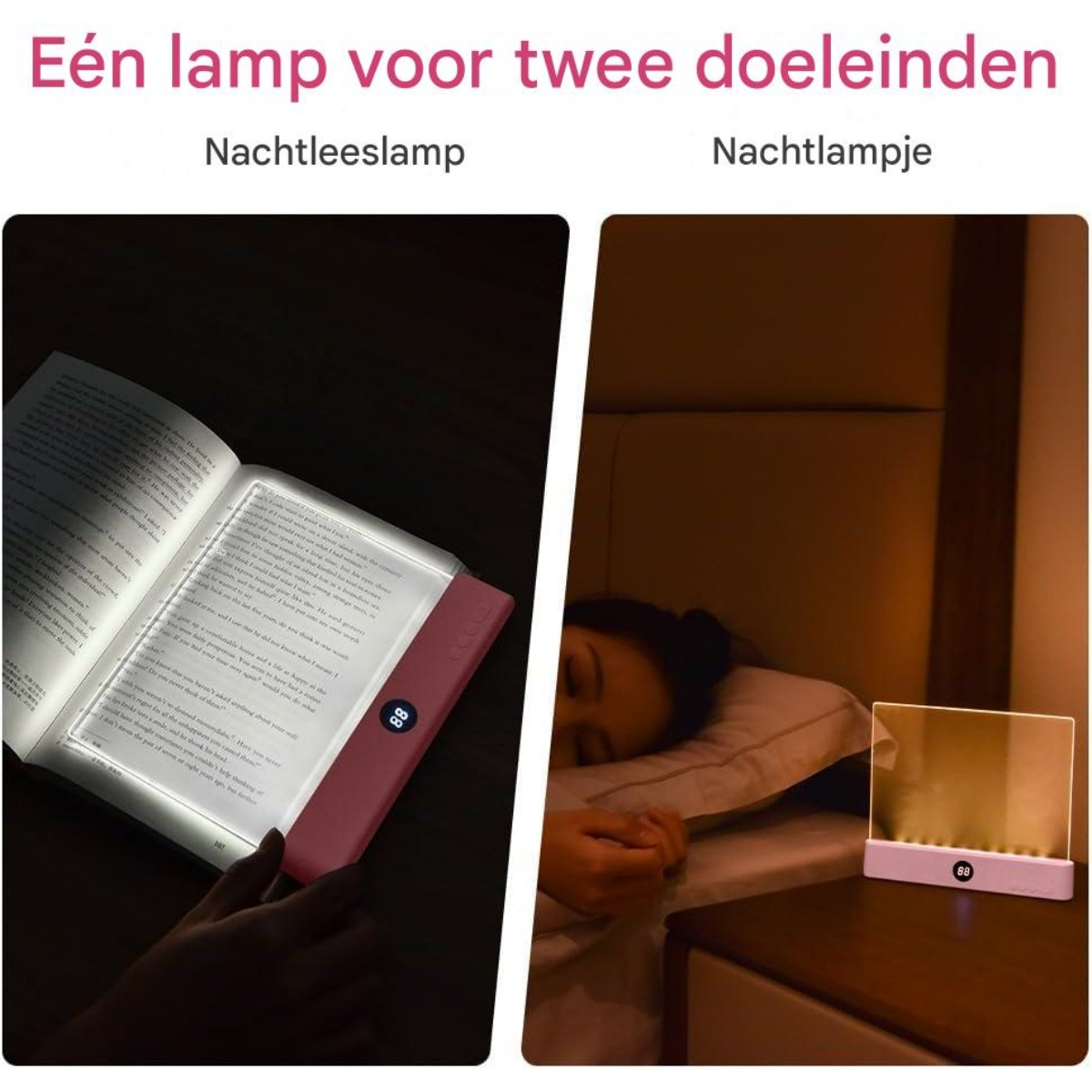 Ein Buchlicht beleuchtet ein Buch, daneben ein Nachtlicht für eine schlafende Person.