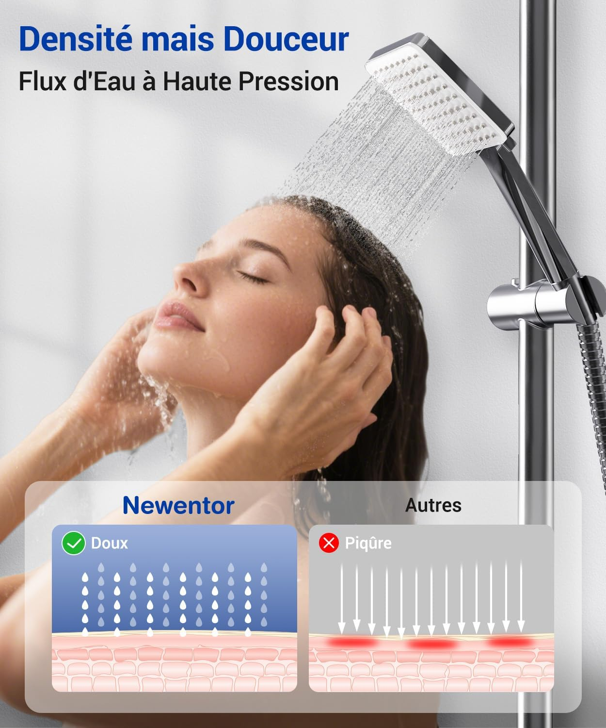 Eine Frau genießt eine Dusche mit einem Duschkopf, der Wasser auf ihr Gesicht sprüht.