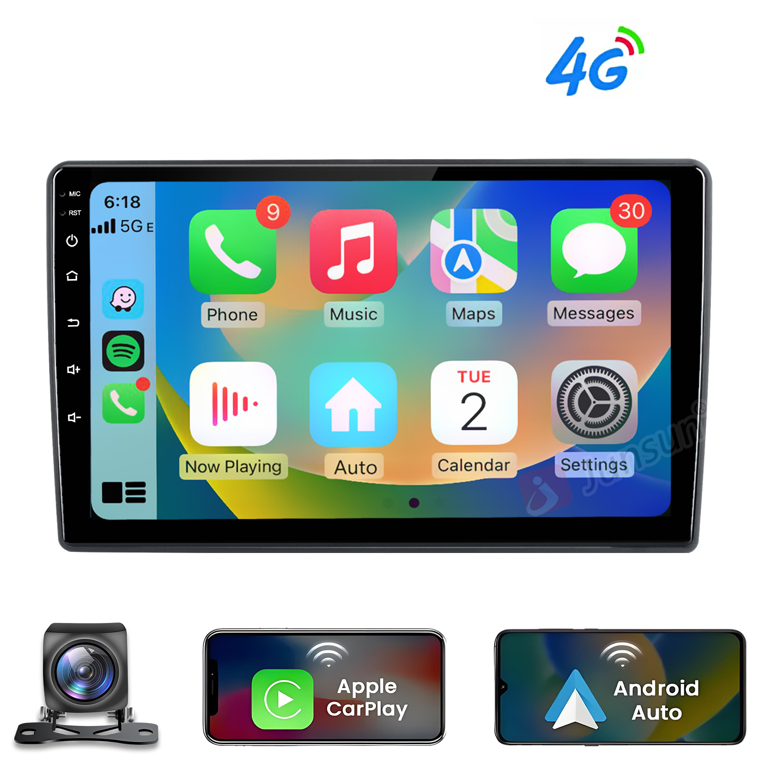 Un touchscreen per autoradio mostra app come Telefono, Musica, Mappe e Messaggi.
