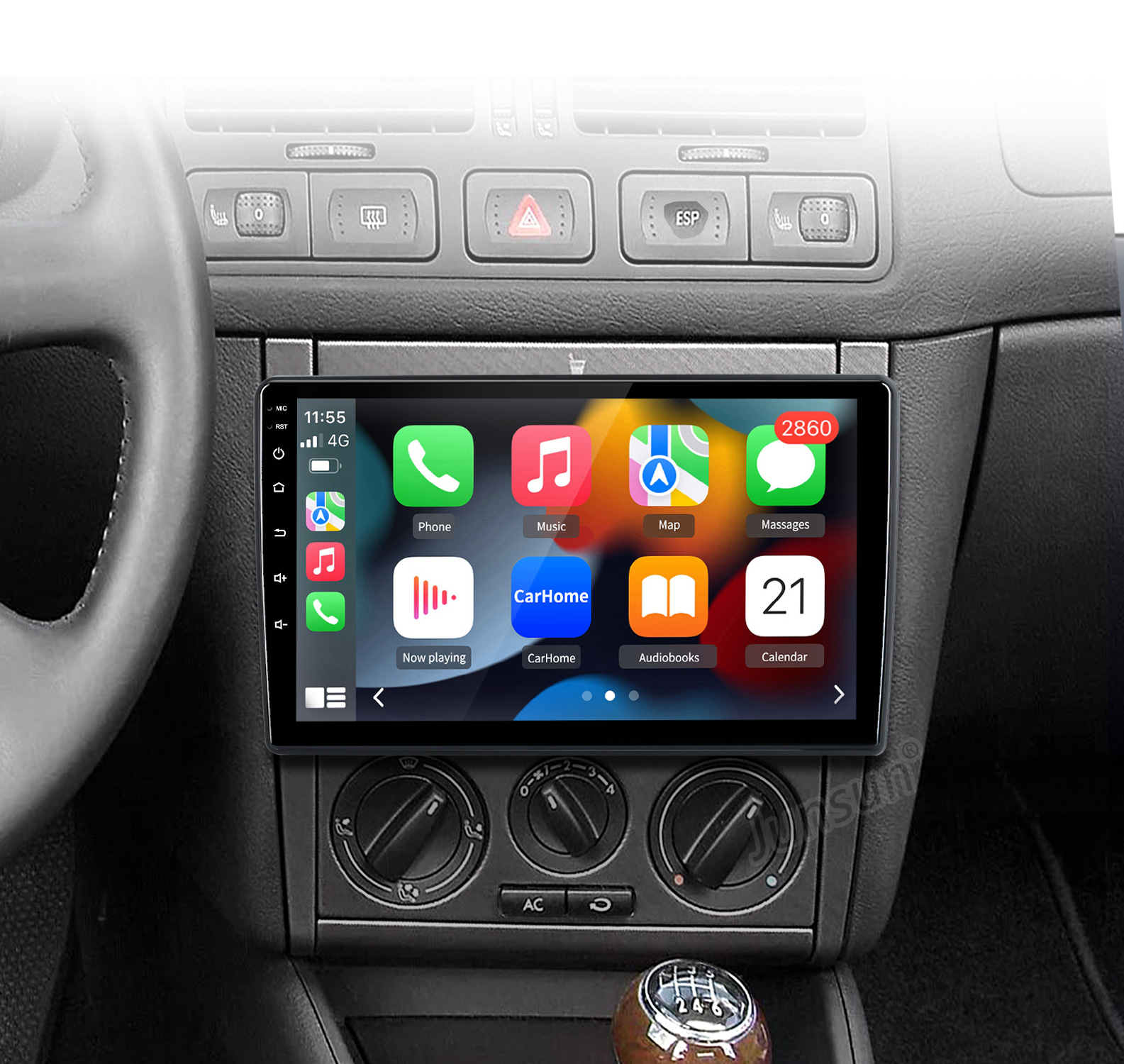 Sistema di infotainment per auto con icone app: Telefono, Musica, Mappa e Messaggi.