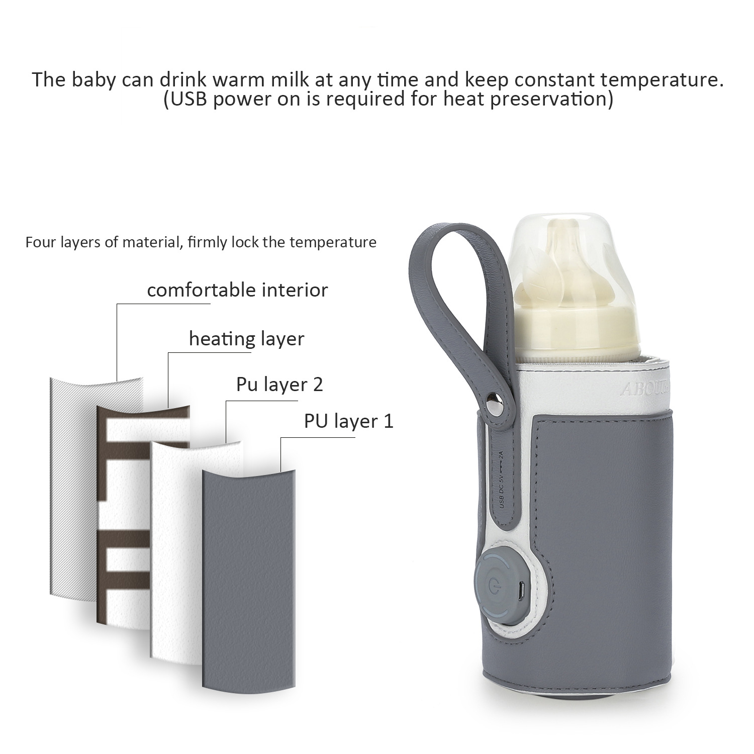 Ein Babyflaschenwärmer mit USB-Anschluss und vier Materialschichten.