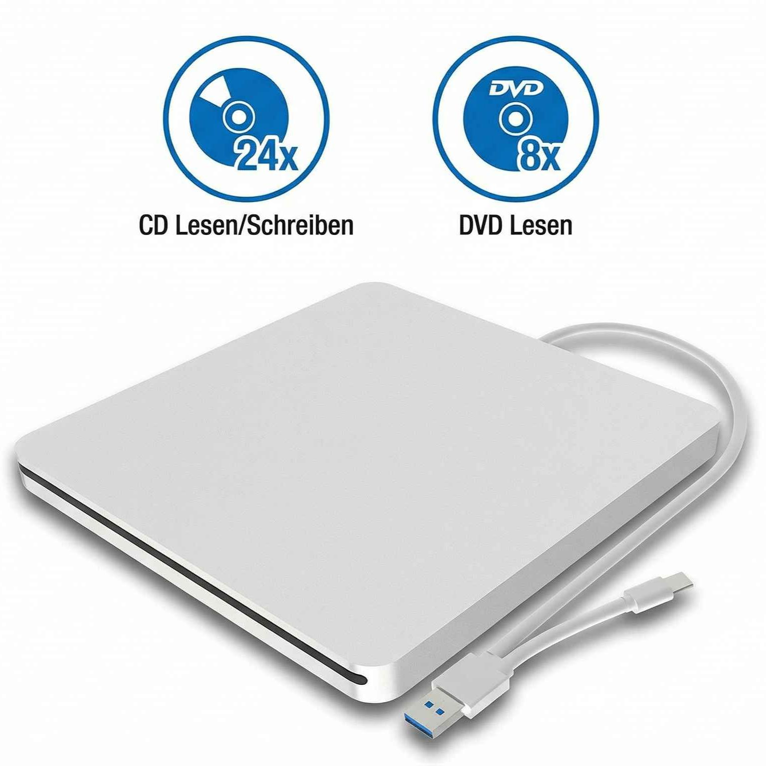 Ein weißes externes CD/DVD-Laufwerk mit USB-Anschluss und Hinweisen zu 24x CD und 8x DVD.