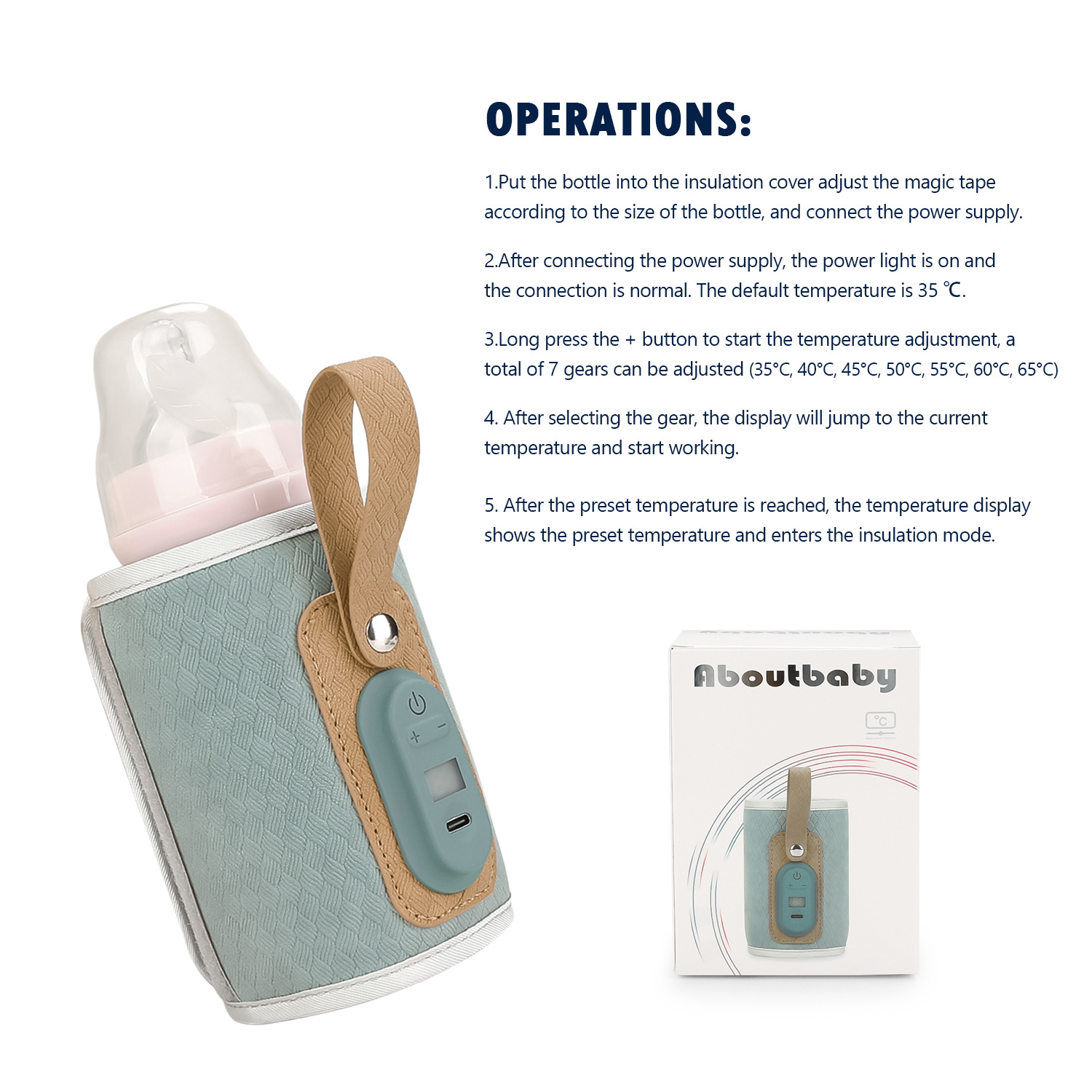 Ein Babyflaschenwärmer im Betrieb mit Bedienfeld und eine Produktverpackung daneben.