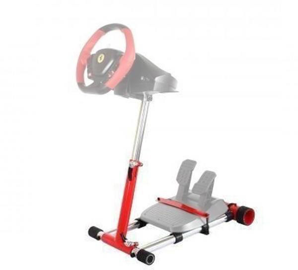 Een rood en zilver racestuurstandaard met pedalen.