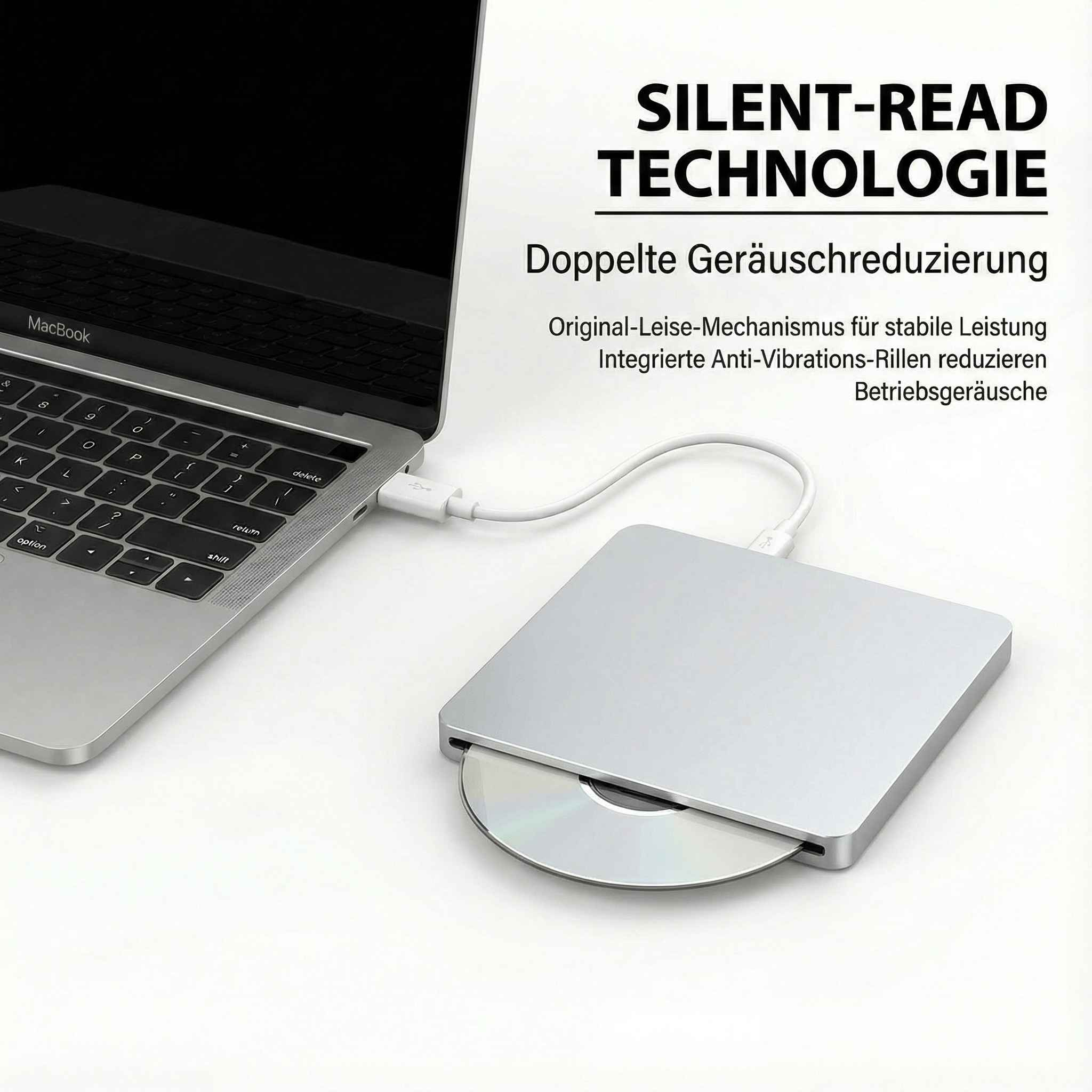 Ein silberner MacBook ist mit einem externen CD-Laufwerk verbunden.