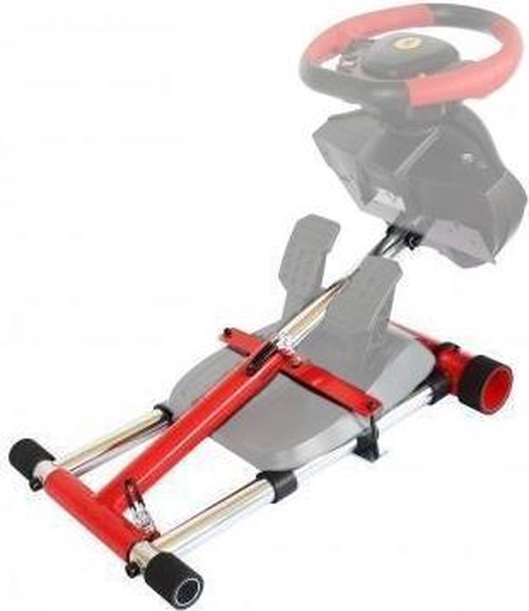 Een rood race-stuurframe met pedalen en stuurbevestiging.