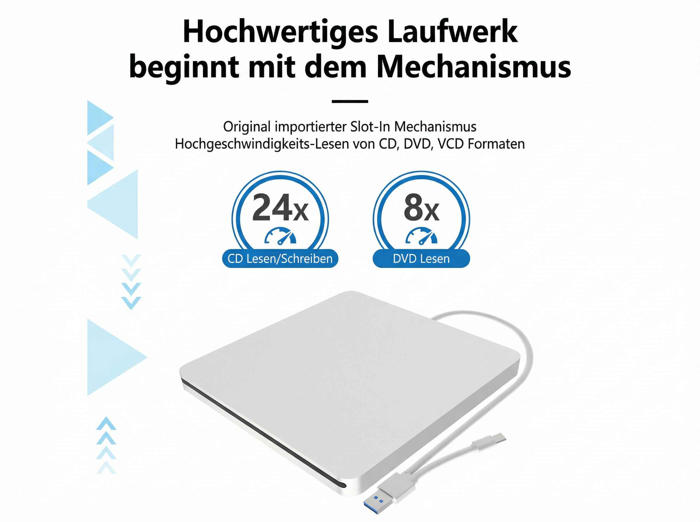 Ein schlankes, silbernes Slot-In Laufwerk mit USB-C Kabel und Spezifikationen.