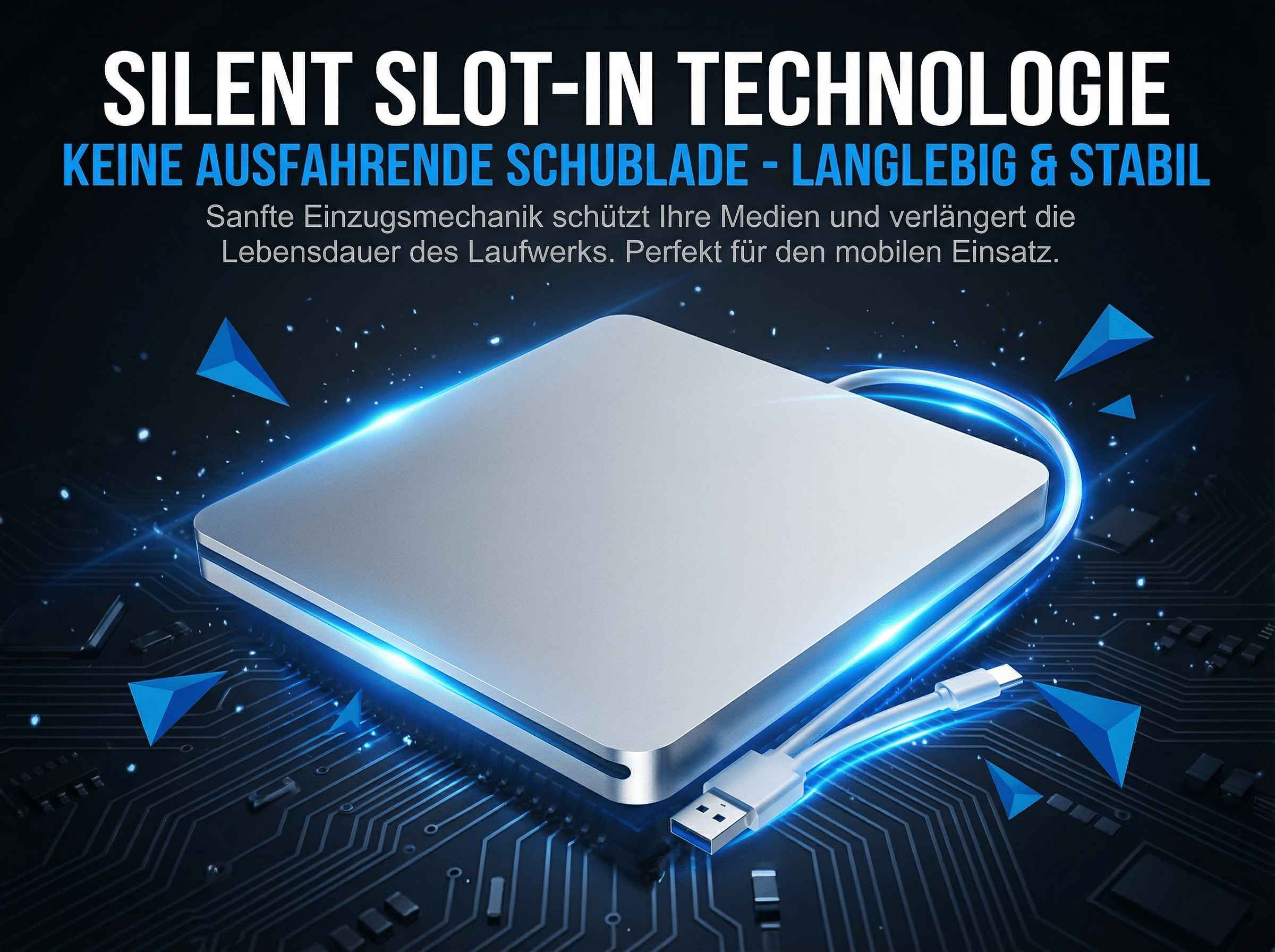 Silbernes Laufwerk mit blauem Licht auf dunklem Hintergrund.