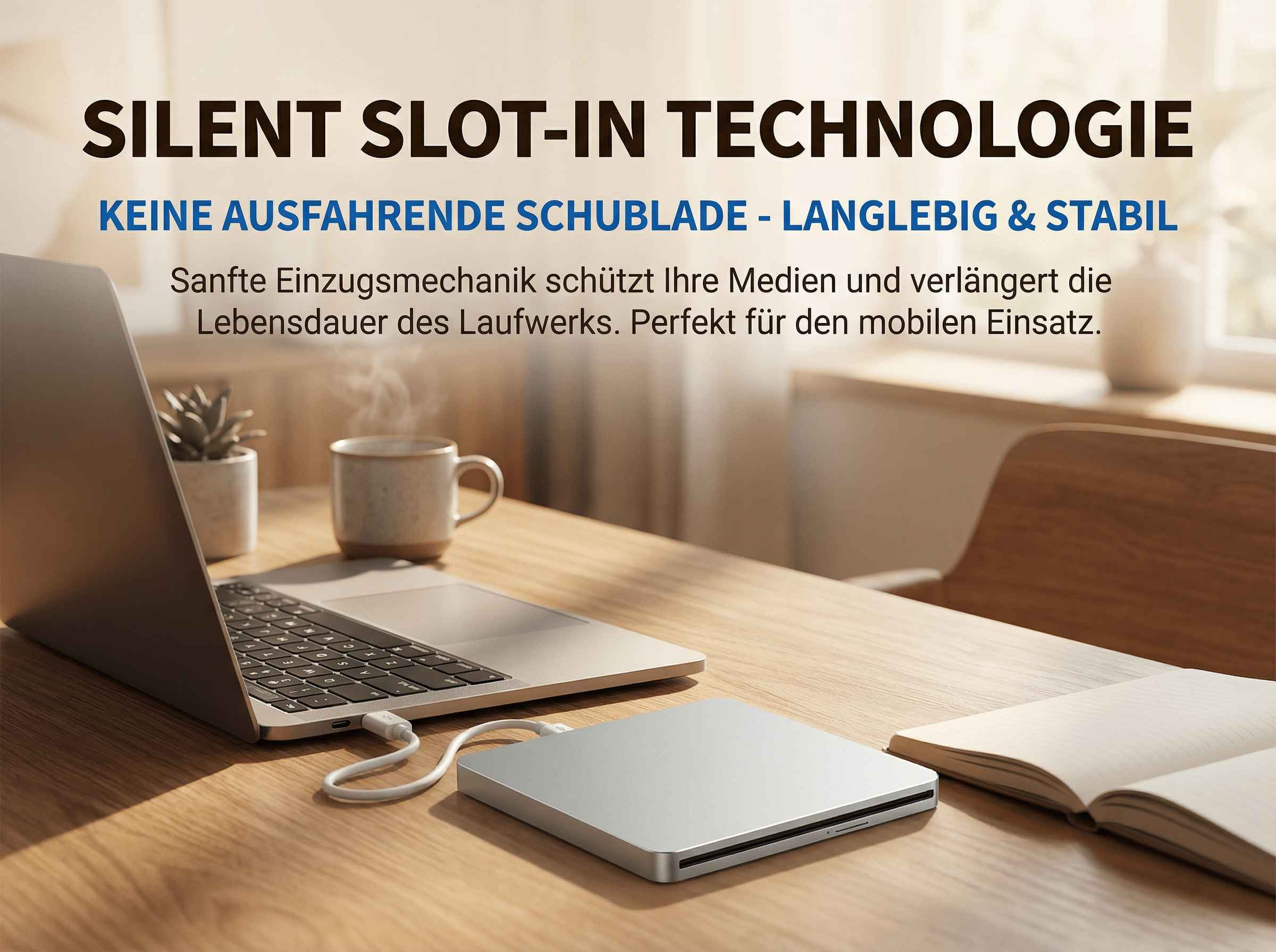 Ein Laptop mit externem Laufwerk und Tasse auf einem Holztisch.