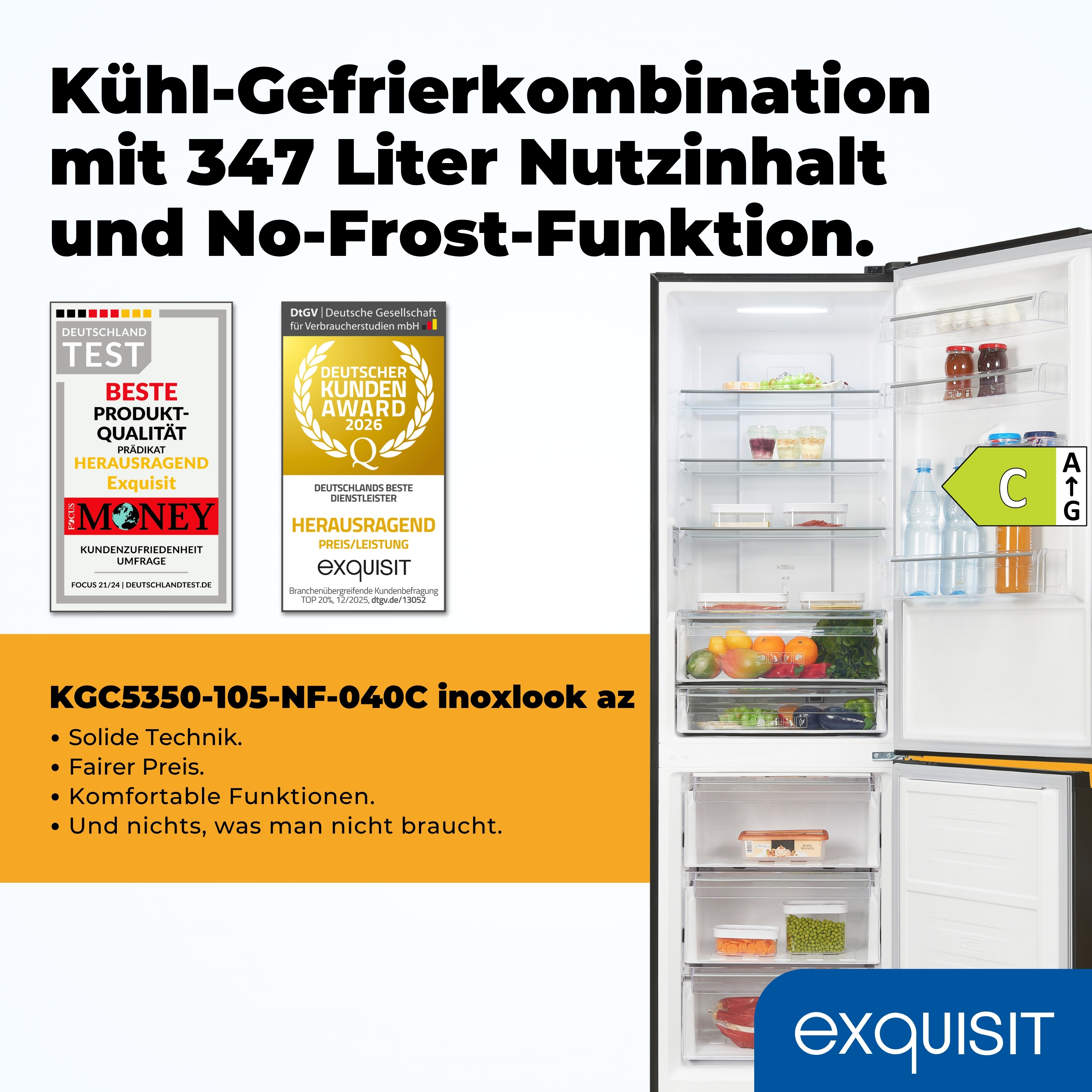 Ein offener Kühlschrank mit Lebensmitteln, Auszeichnungen und Energie-Label C.