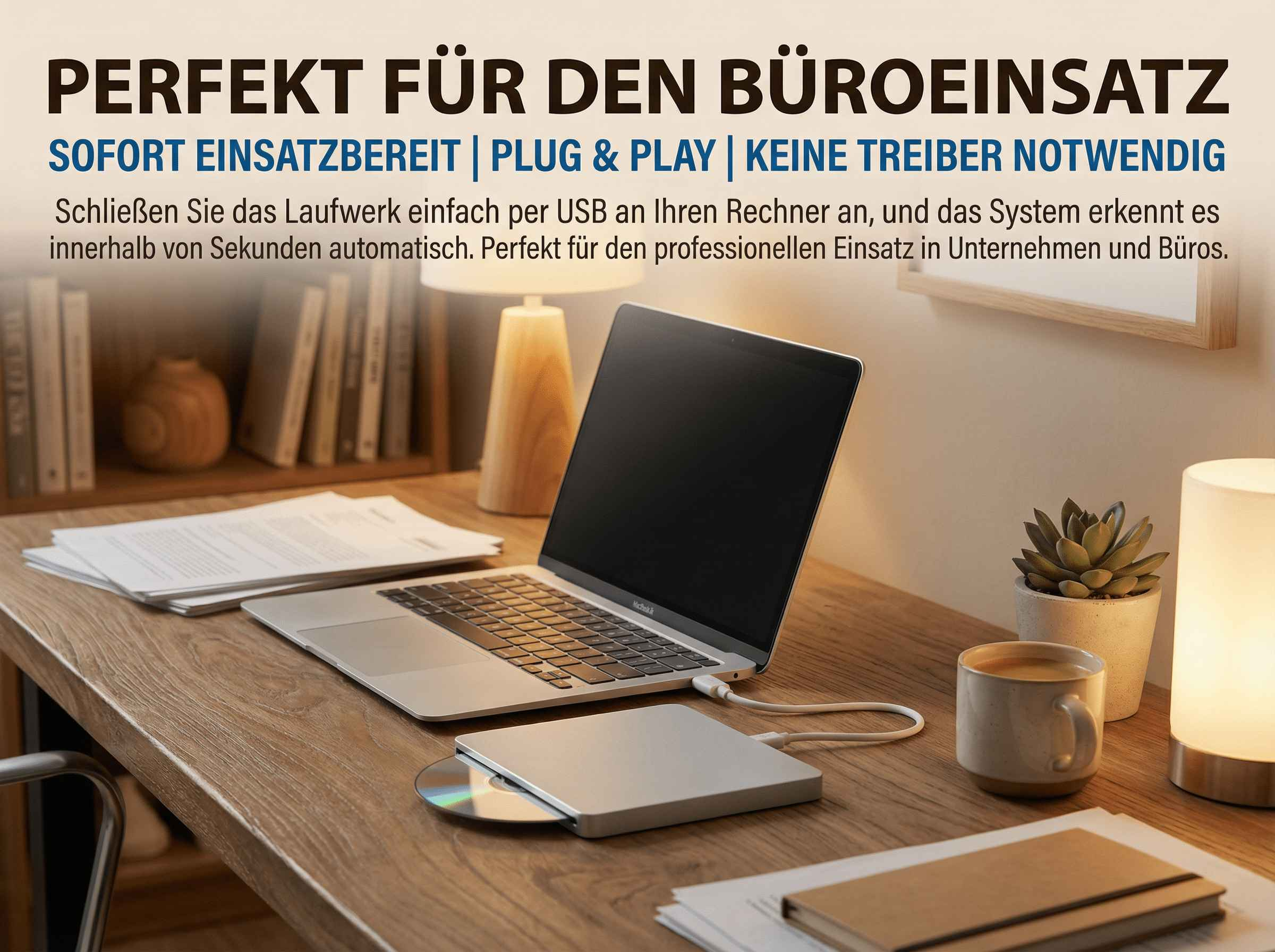 Ein Laptop ist über USB mit einem externen Laufwerk verbunden. Ein Buch und eine Tasse.