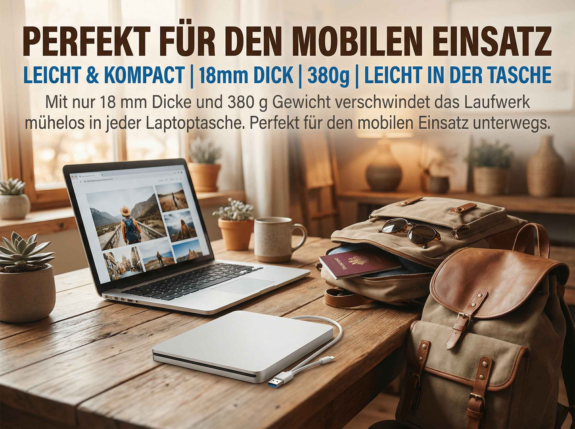 Ein Laptop, externes Laufwerk, ein Rucksack und eine Tasse auf einem Holztisch.