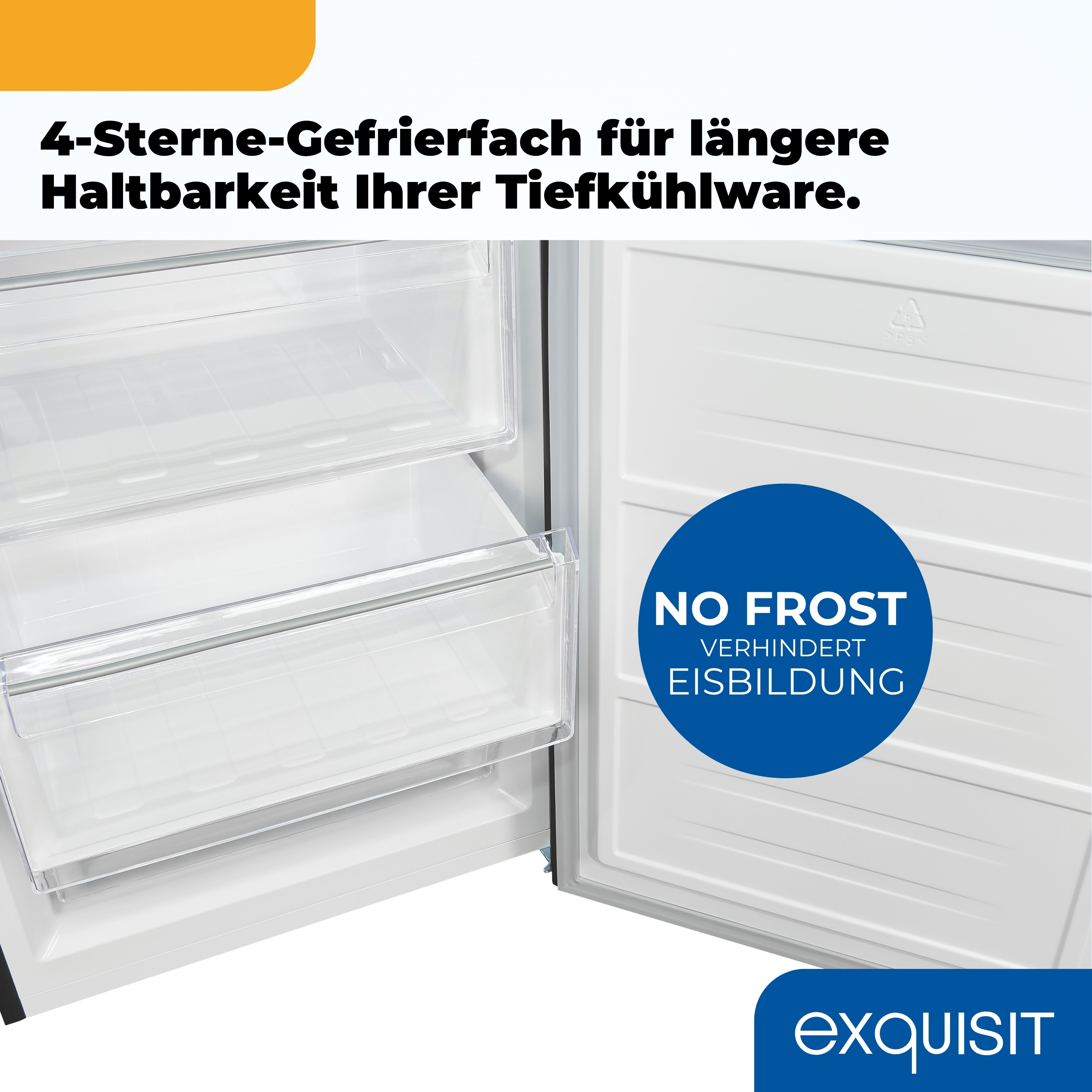 Innenansicht eines Gefrierschranks mit Schubladen und NO FROST Logo.