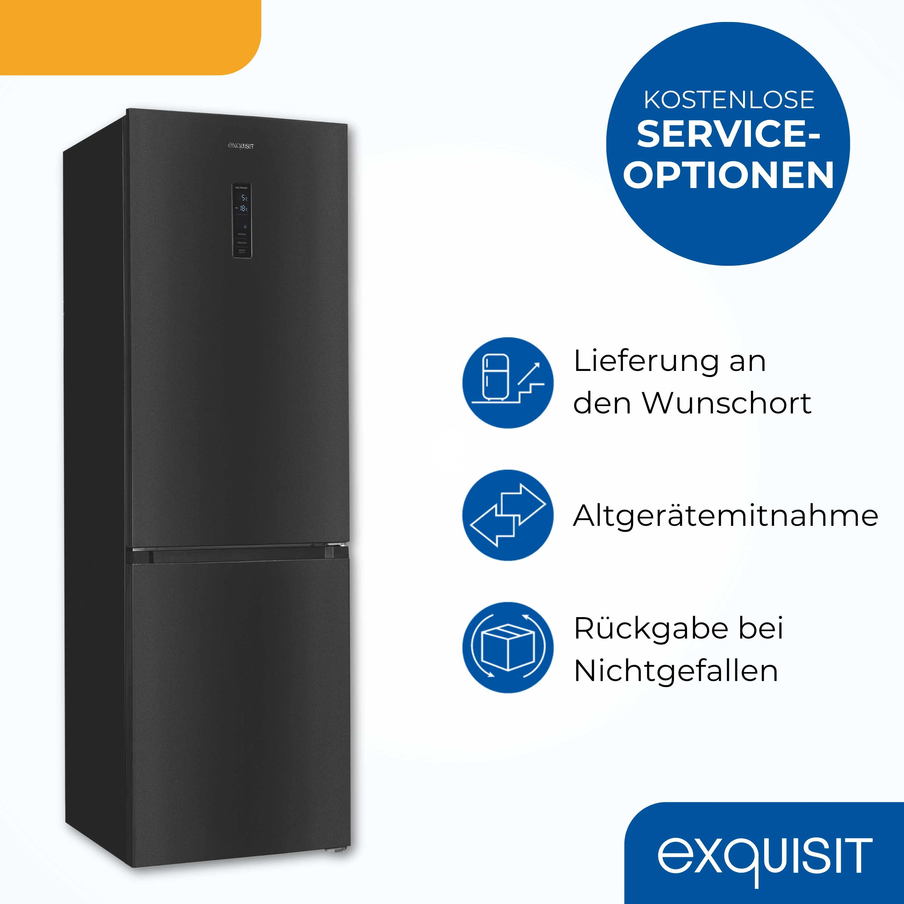 Schwarzer Kühlschrank mit digitalen Anzeigen und Service-Optionen-Symbolen.