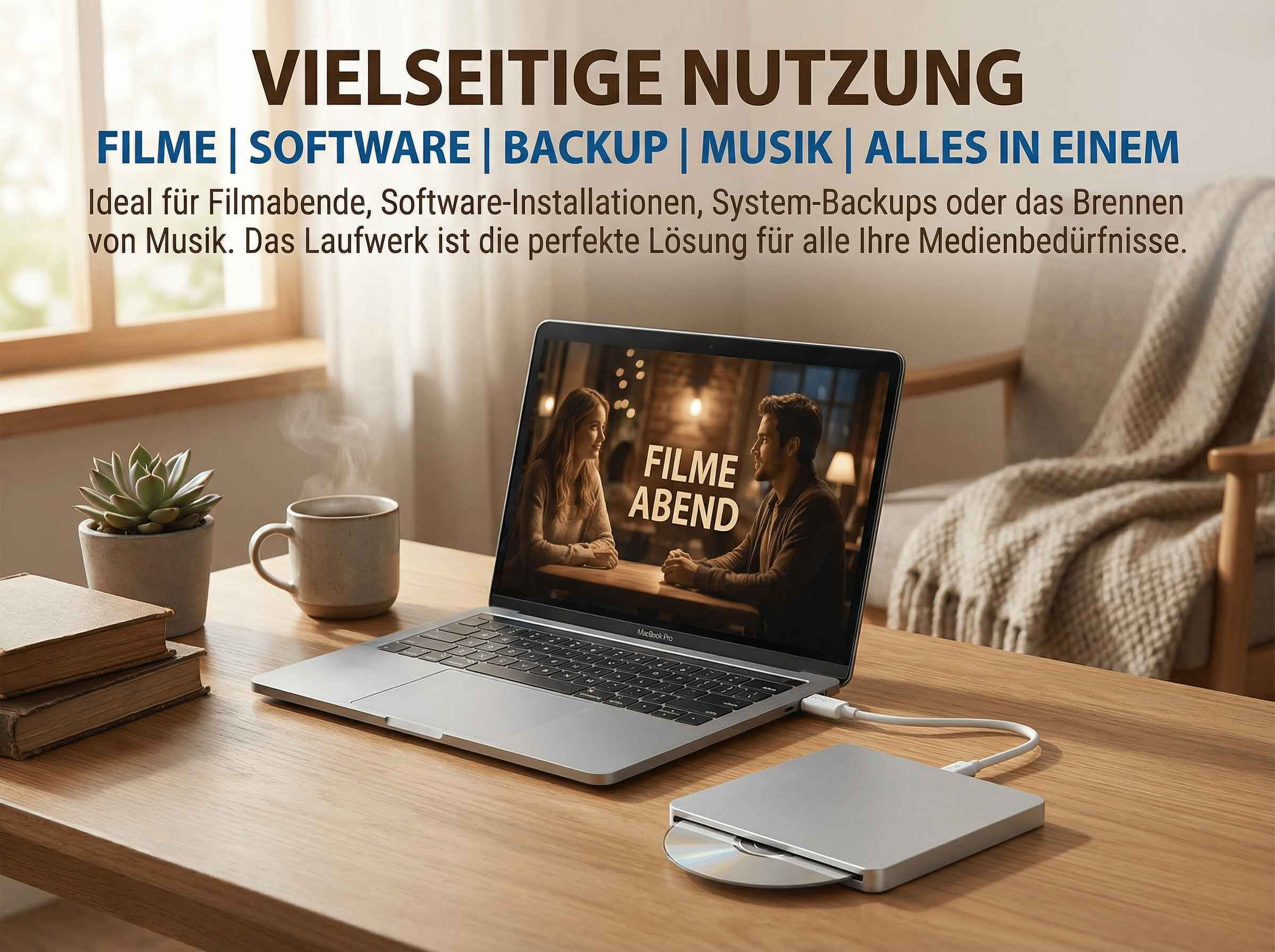 Laptop mit externem Laufwerk und CD, Buch und Pflanze auf dem Tisch.