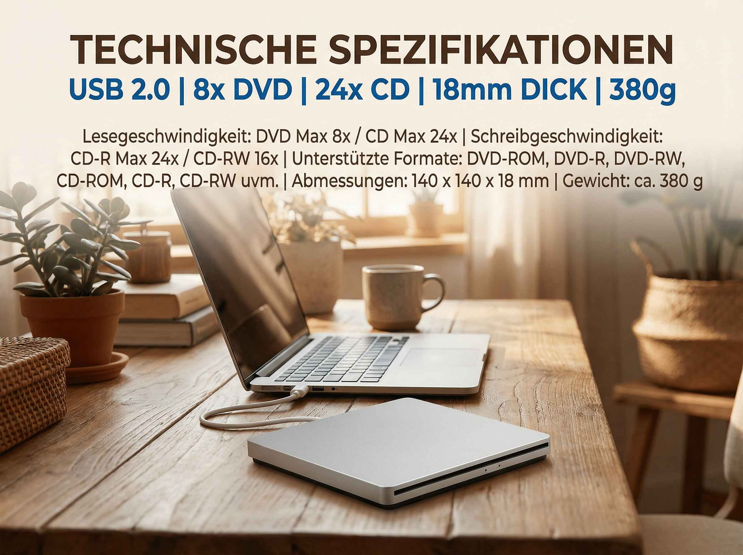 Silbernes externes DVD-Laufwerk mit USB-Anschluss neben einem Laptop.
