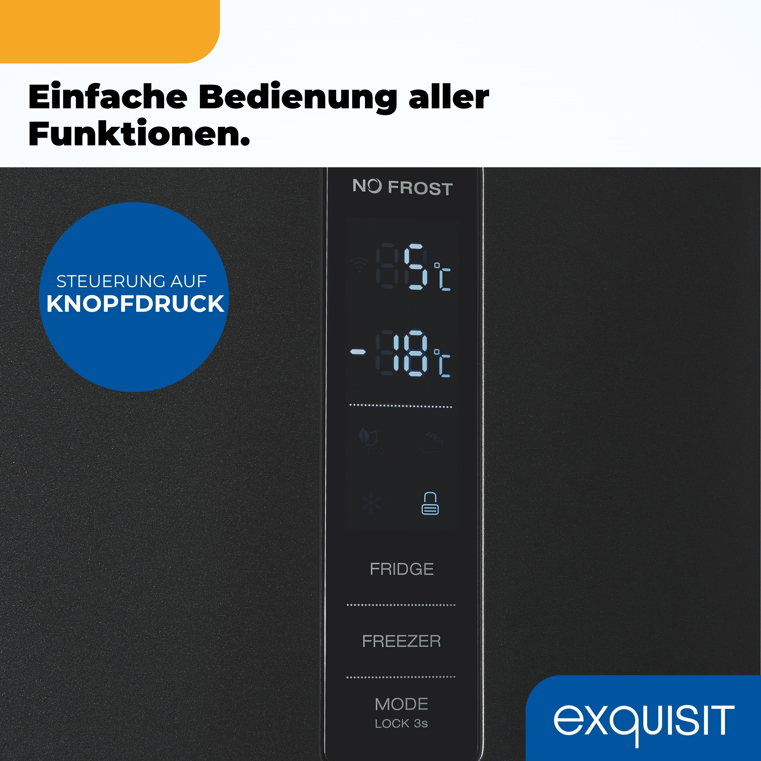 Digitalanzeige eines Kühlschranks mit Temperaturen und Symbolen.