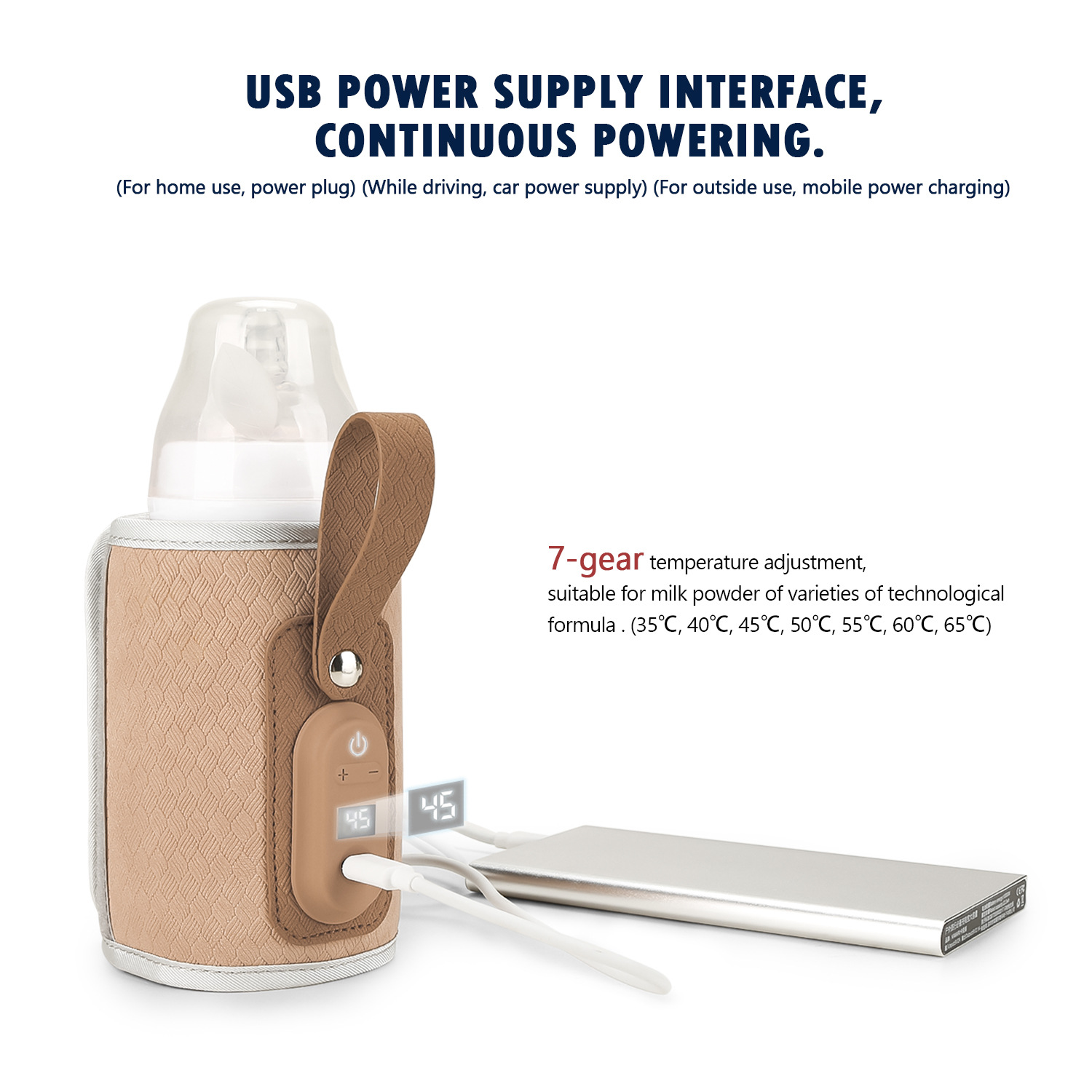 Beiger Flaschenwärmer mit USB-Anschluss und digitaler Anzeige, der an eine Powerbank angeschlossen ist.