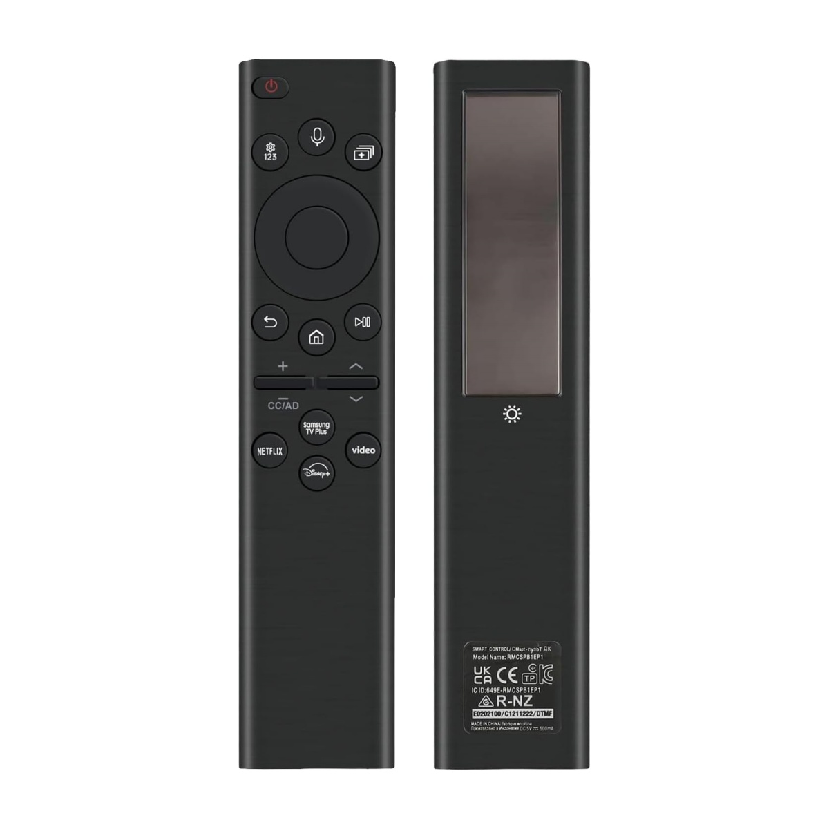 Zwei schwarze Samsung TV-Fernbedienungen. Eine zeigt Tasten, die andere ein Solarpanel.