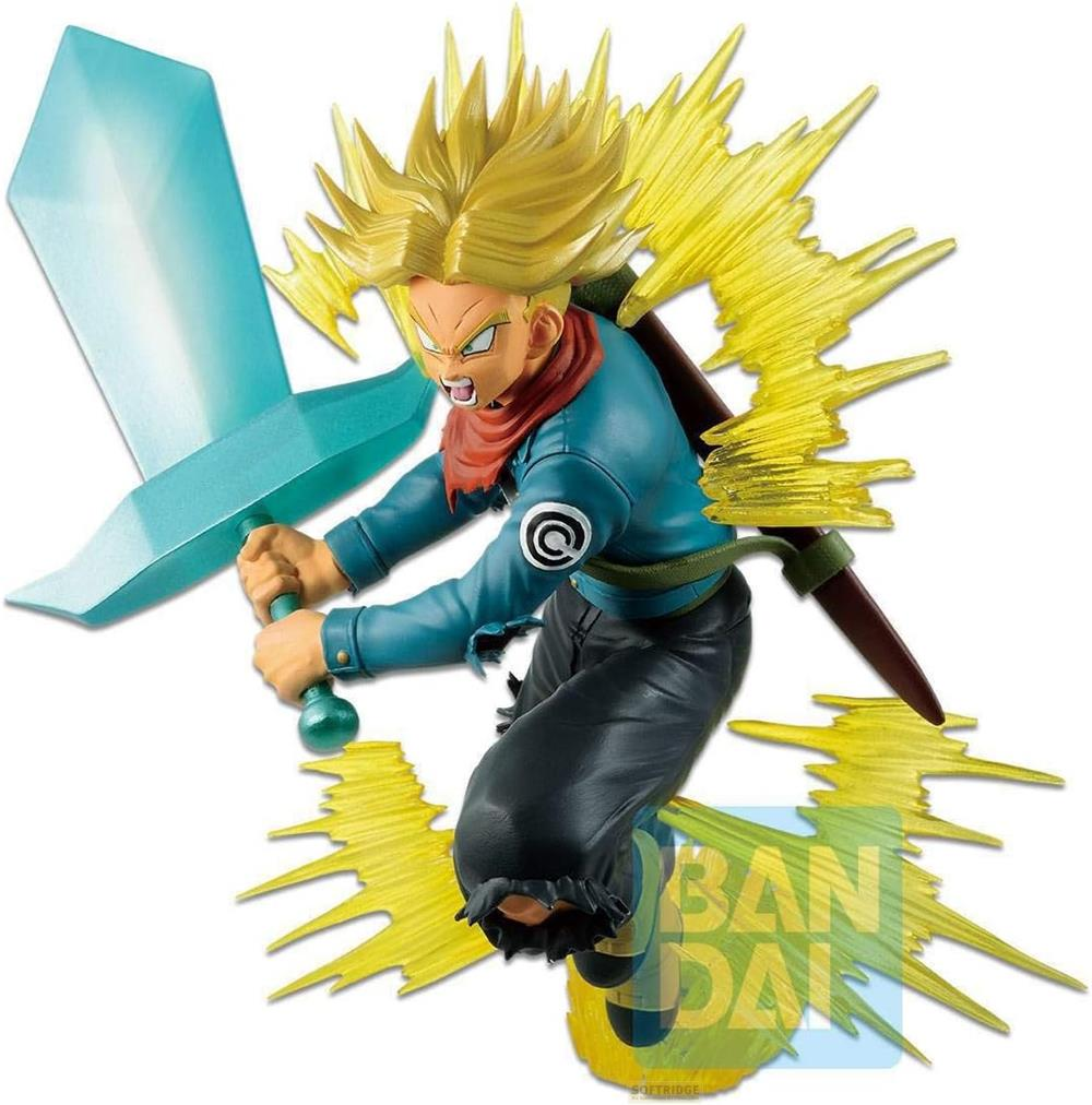 Figurine de Trunks tenant une épée, portant une veste bleue, avec des effets d'énergie jaunes.