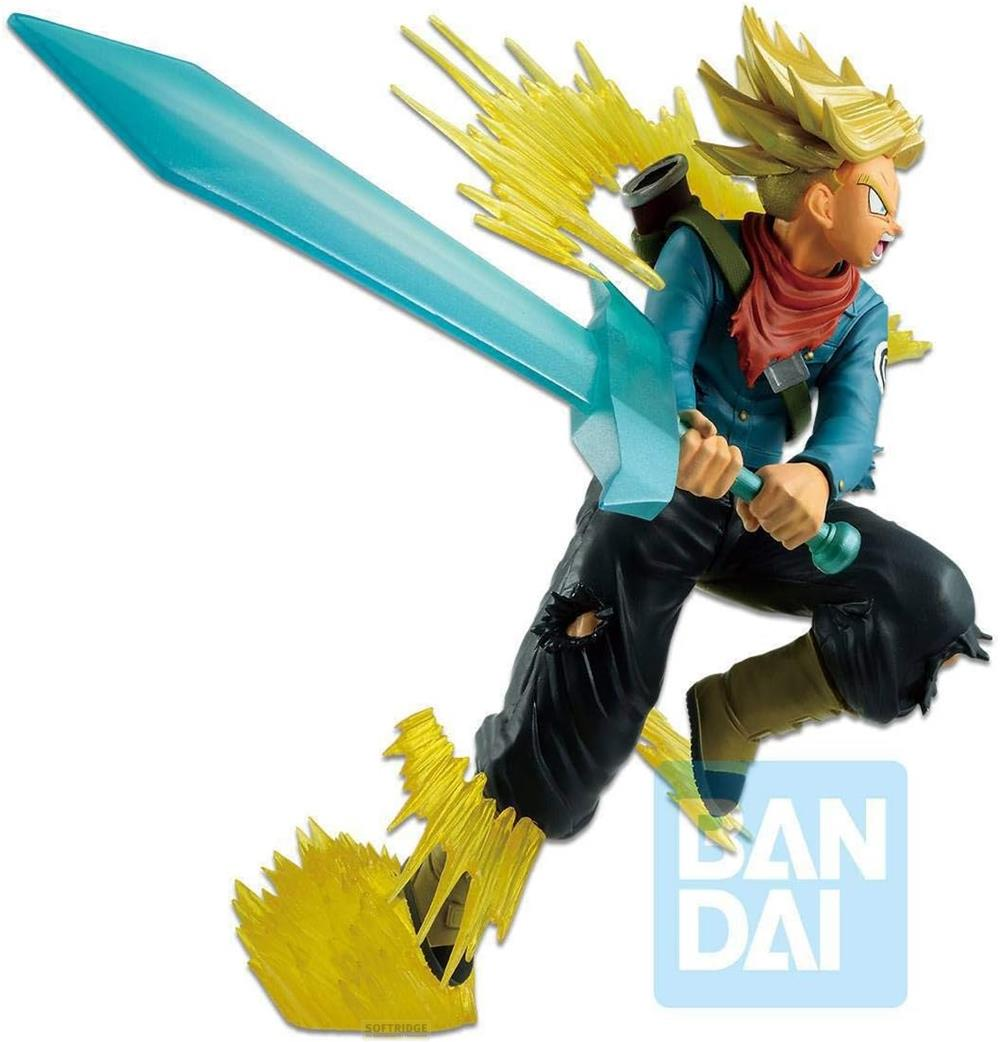Figurine d'anime de Trunks avec une épée bleue, une énergie jaune et un pantalon noir déchiré.
