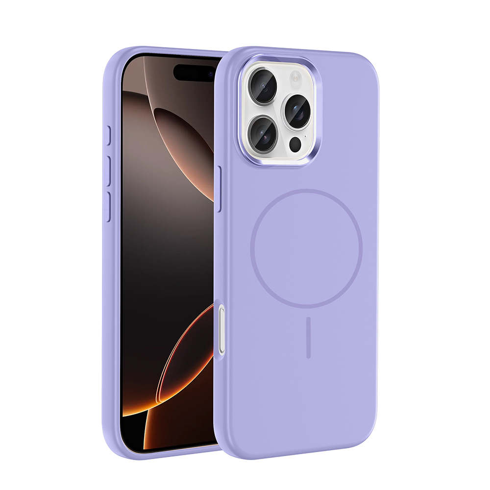 Entegre kamera kapağı ve manyetik halkalı lavanta rengi telefon kılıfı.