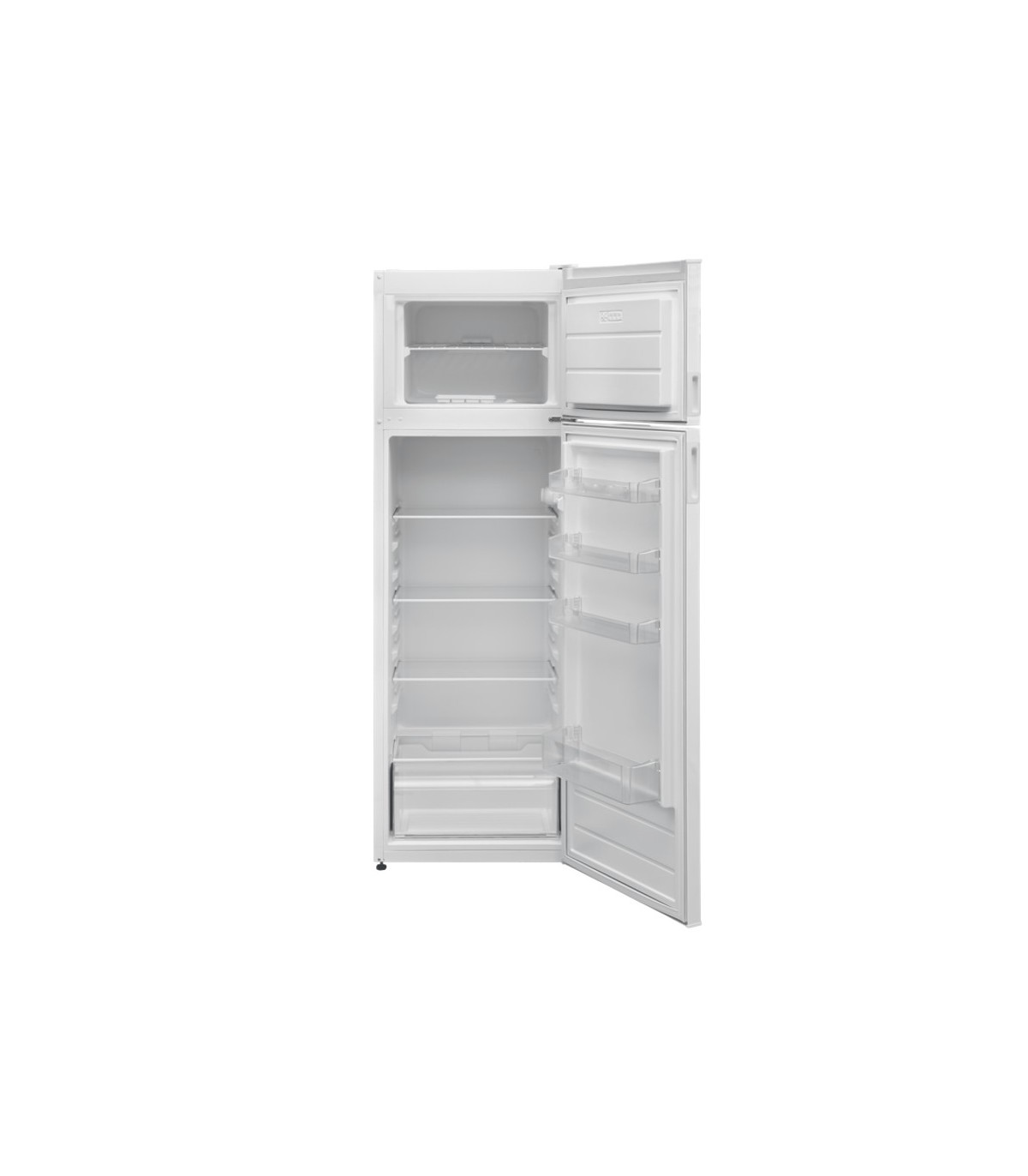 Un refrigerador blanco con la puerta del congelador y la puerta abiertas.