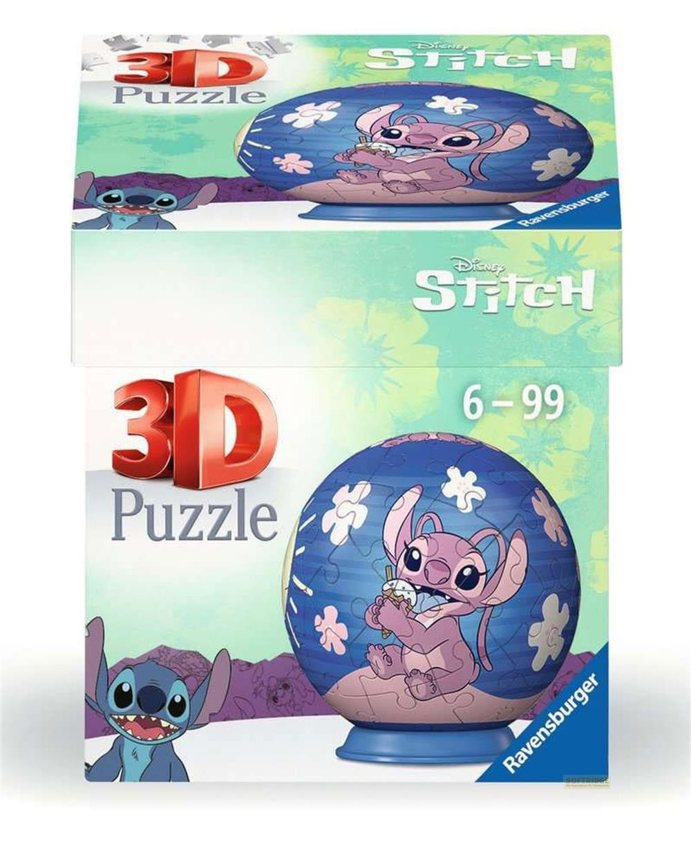 Puzzle 3D con Stitch Disney, due personaggi e una palla.