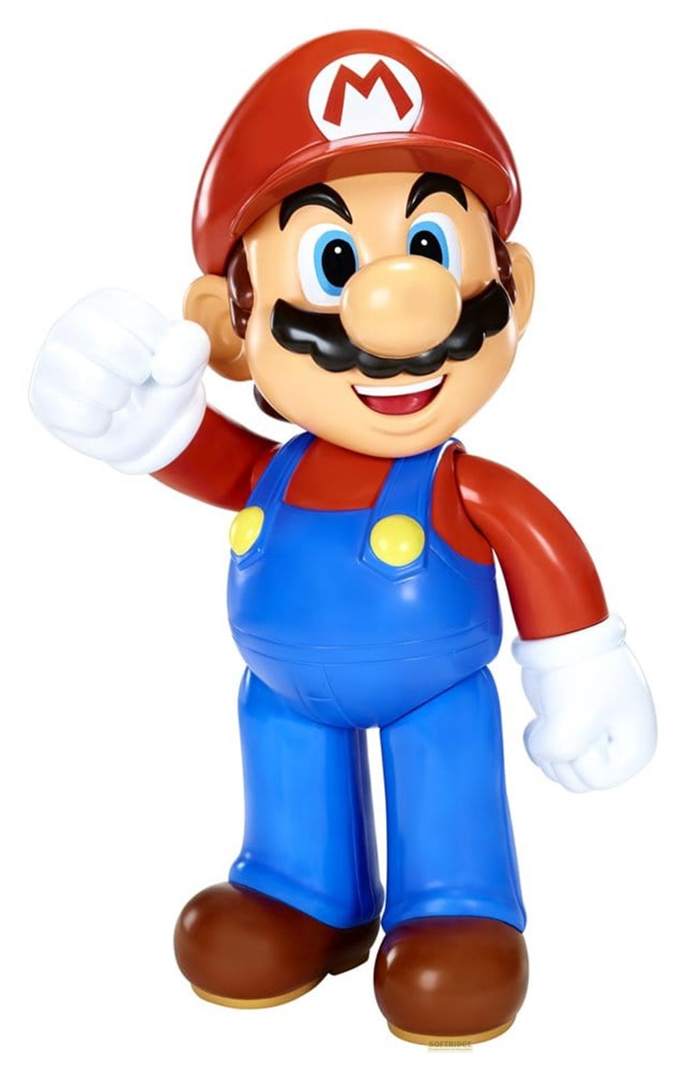 Figurka Mario w czerwonej czapce, niebieskich ogrodniczkach i czerwonych rękawach.