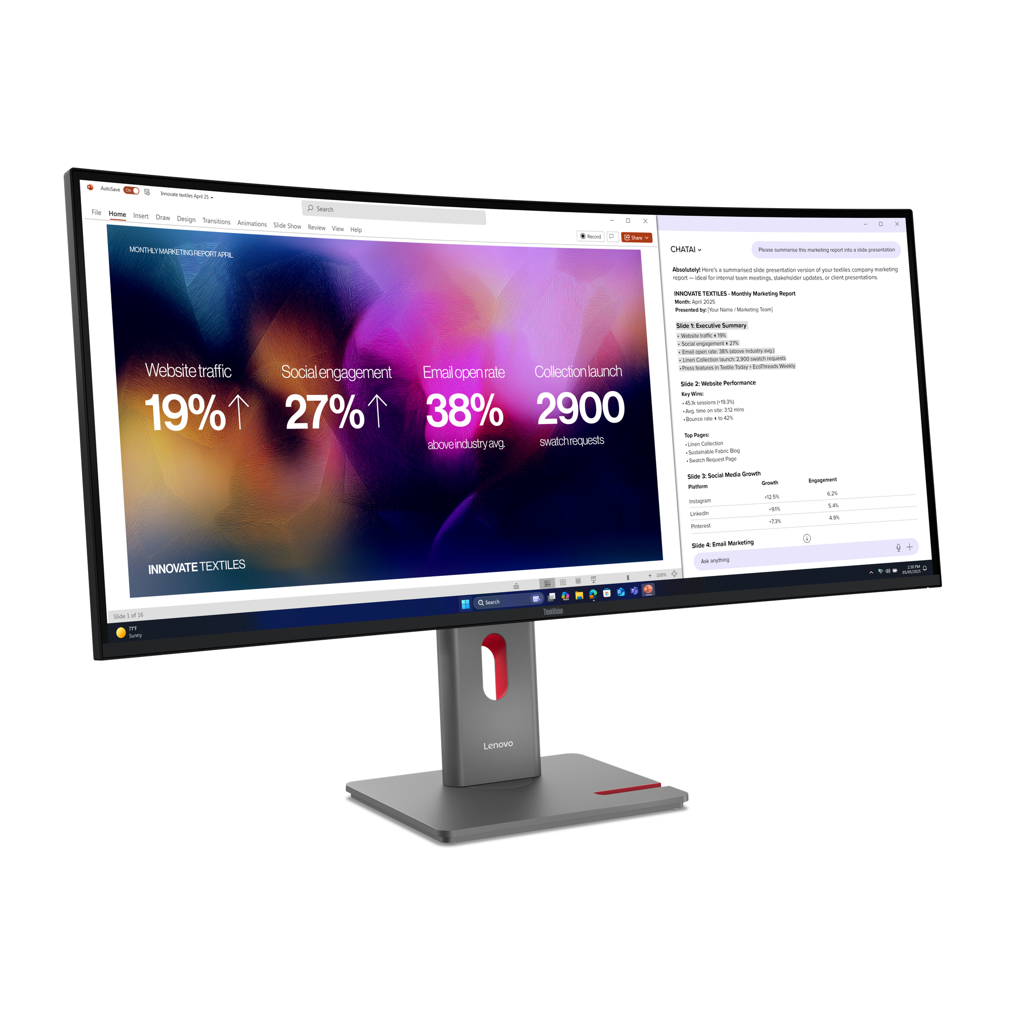 Monitor laptopa wyświetla raport marketingowy pokazujący ruch na stronie, zaangażowanie społeczne i wskaźniki otwarć.