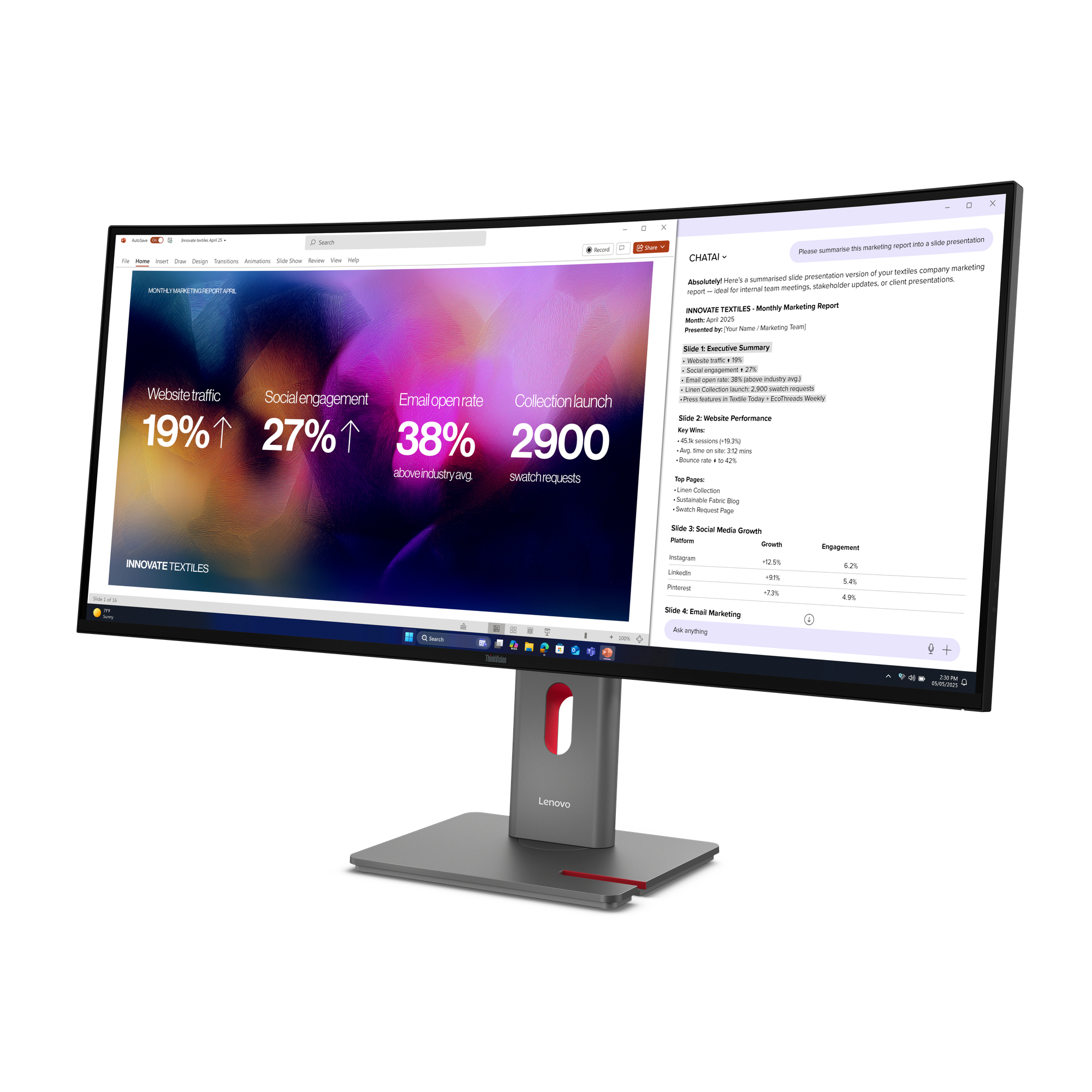 Monitor wyświetla raport marketingowy pokazujący ruch na stronie, zaangażowanie społeczne i wskaźniki otwarć.