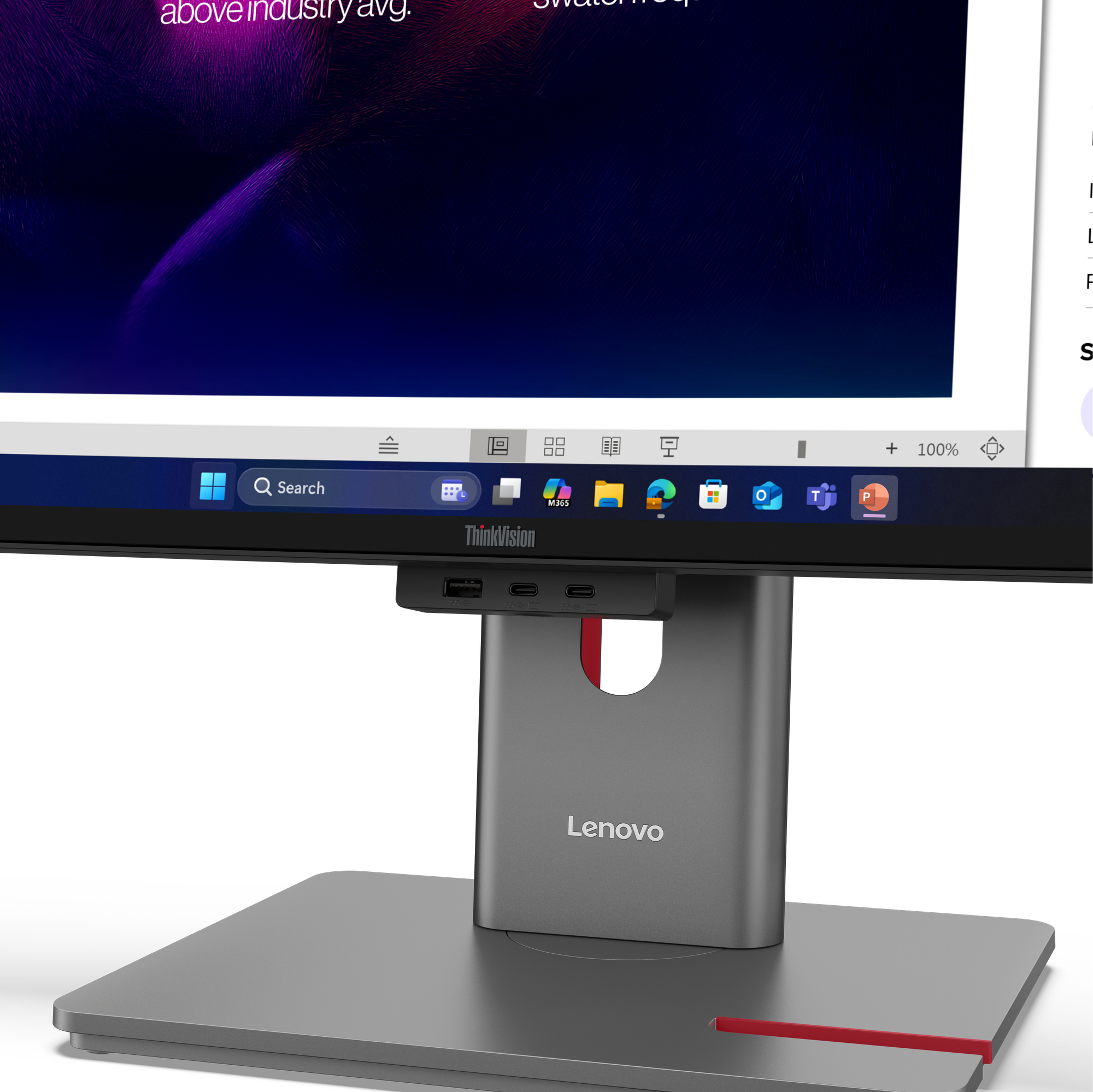 Monitor Lenovo z paskiem wyszukiwania, ikonami i portami USB.