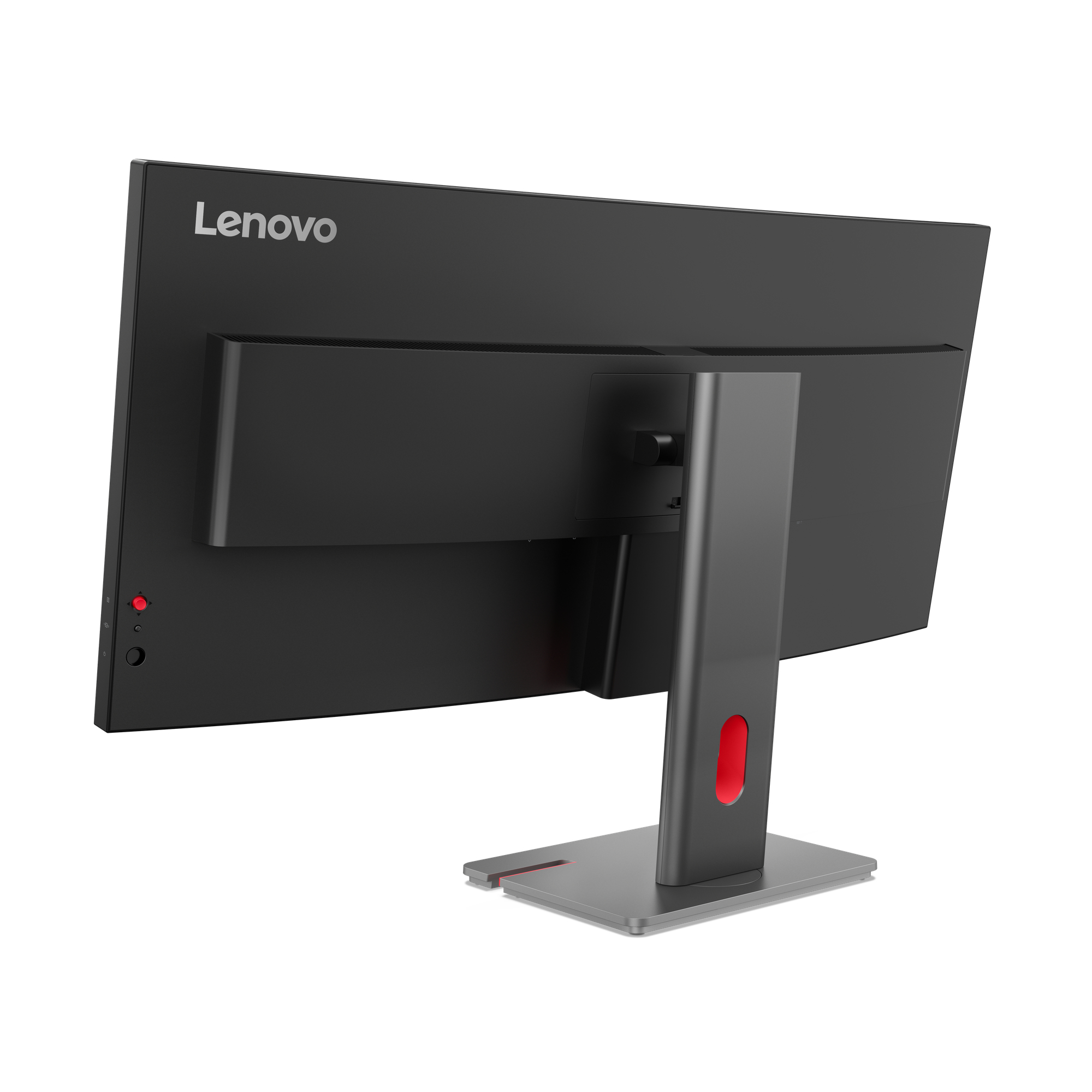 Tył czarnego monitora Lenovo ze srebrną podstawą i czerwonymi akcentami.