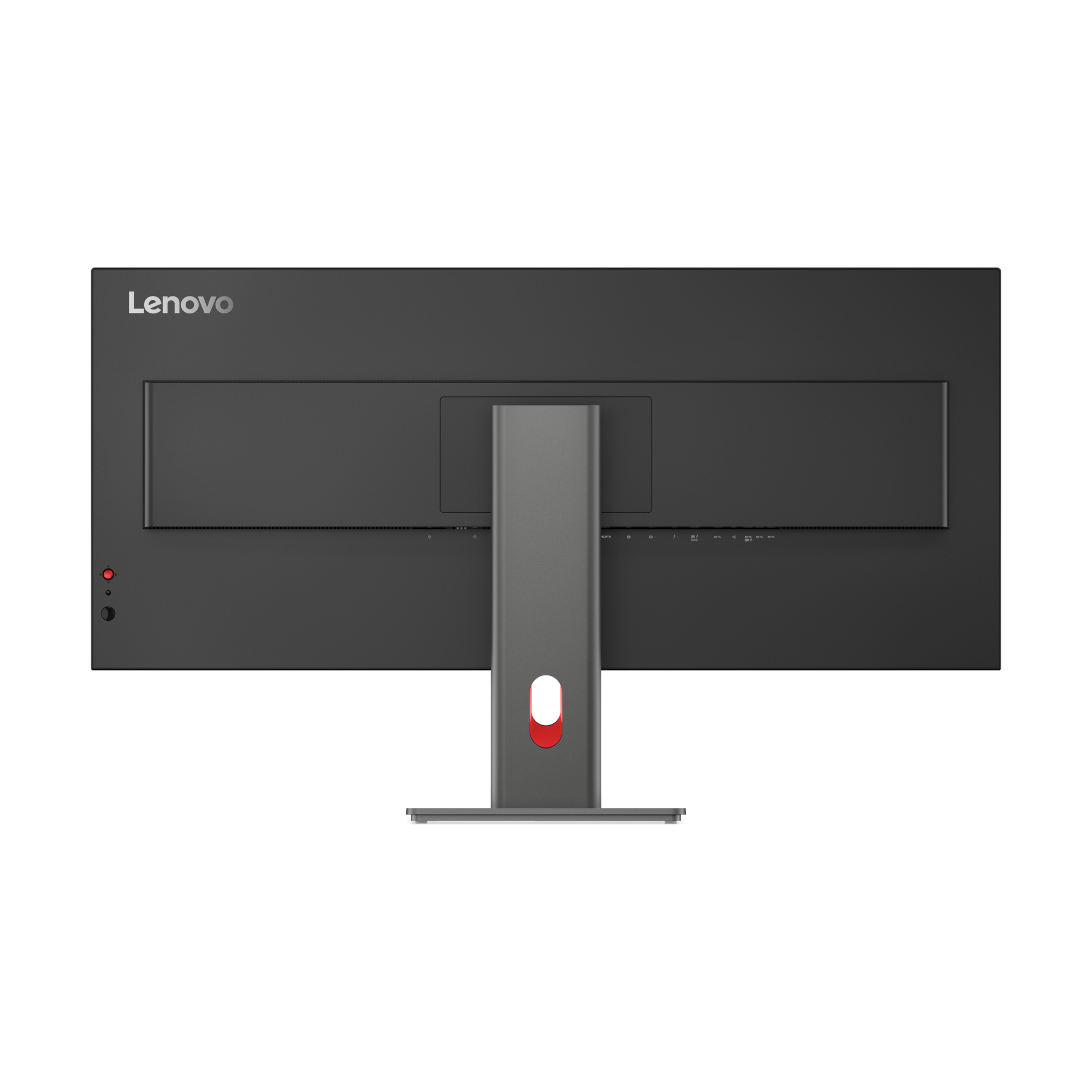 Tył czarnego monitora Lenovo z portami i szarą podstawą.