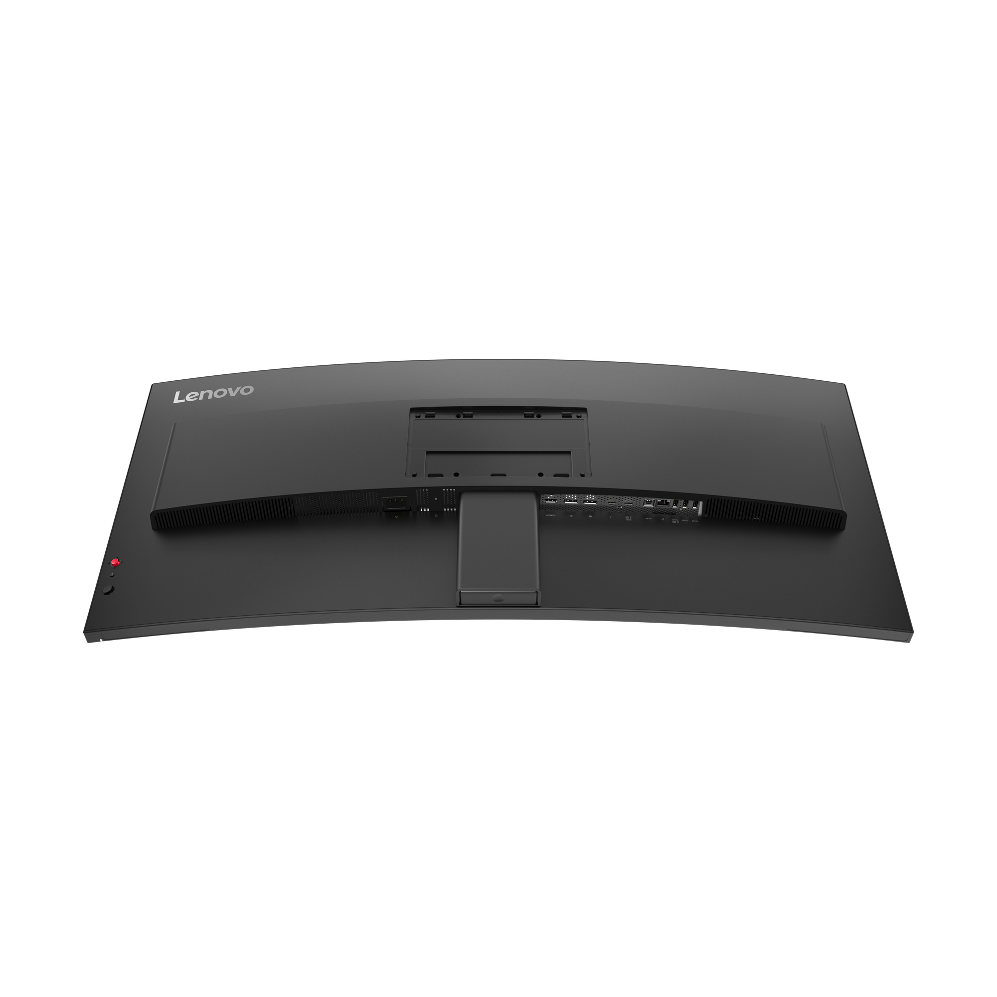 Tył zakrzywionego czarnego monitora Lenovo z portami i wentylacją.