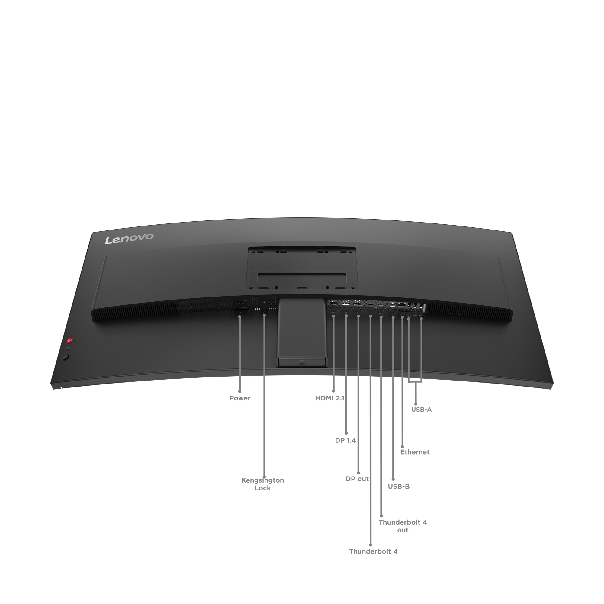Tył czarnego monitora Lenovo z portami: Power, HDMI 2.1, USB-A.