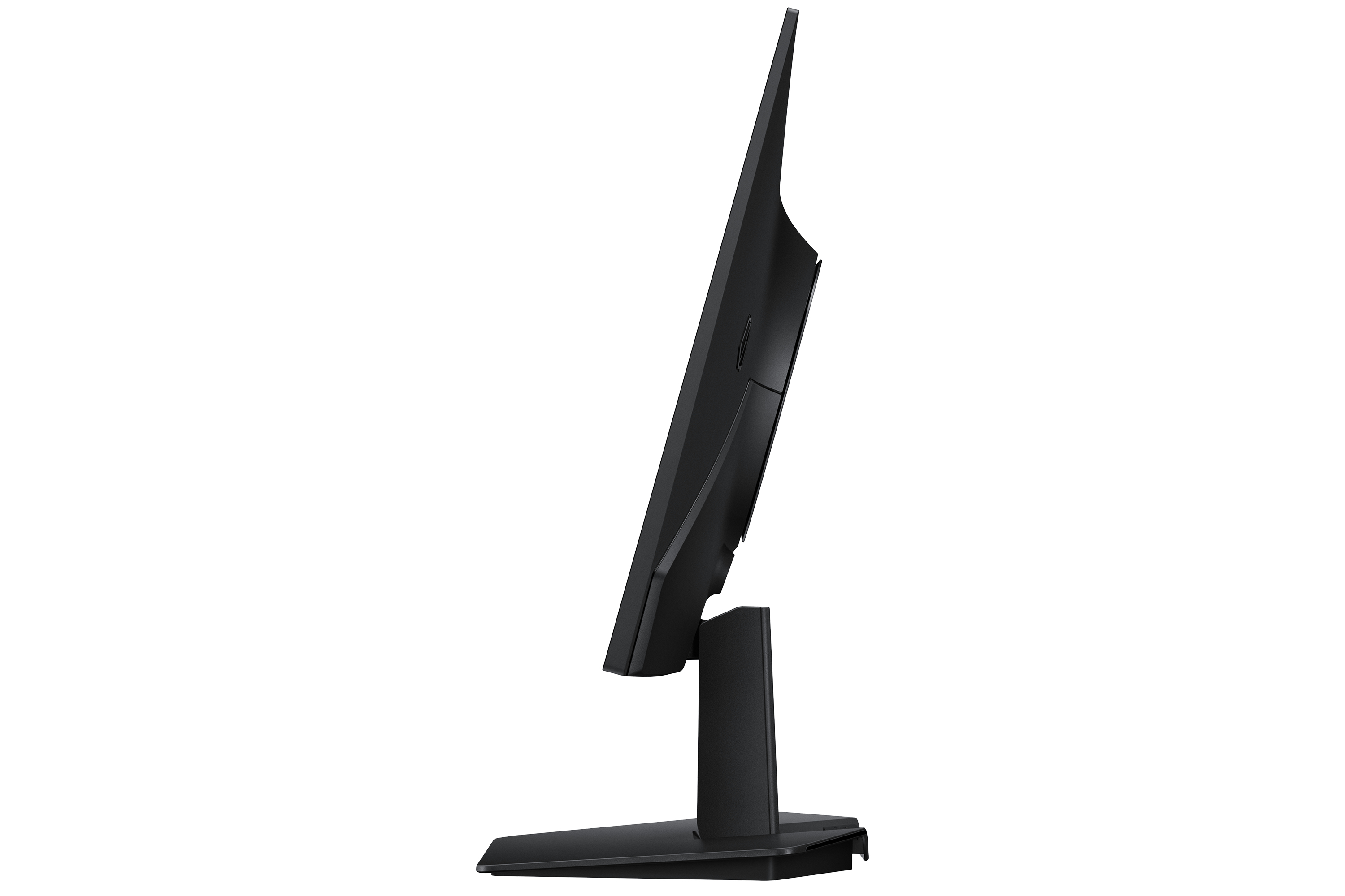 Ein schwarzer Computermonitor im Seitenprofil auf weißem Hintergrund.