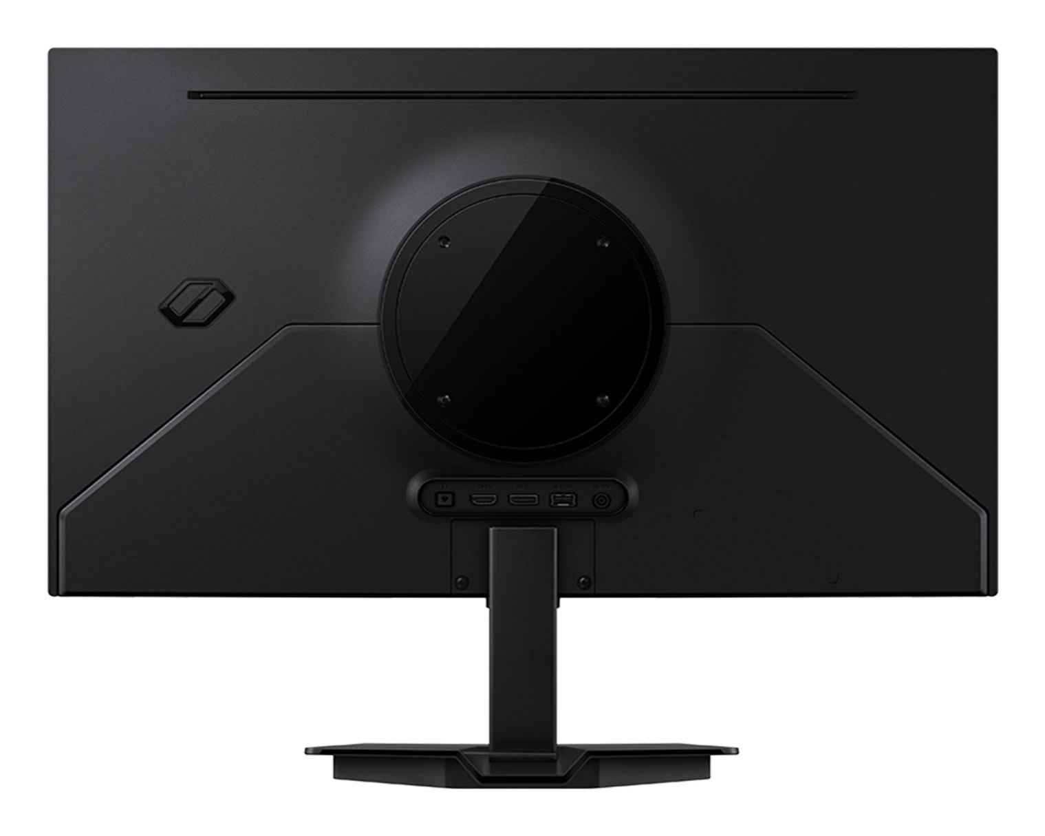 Rückseite eines schwarzen Monitors mit Anschlüssen und Ständer.