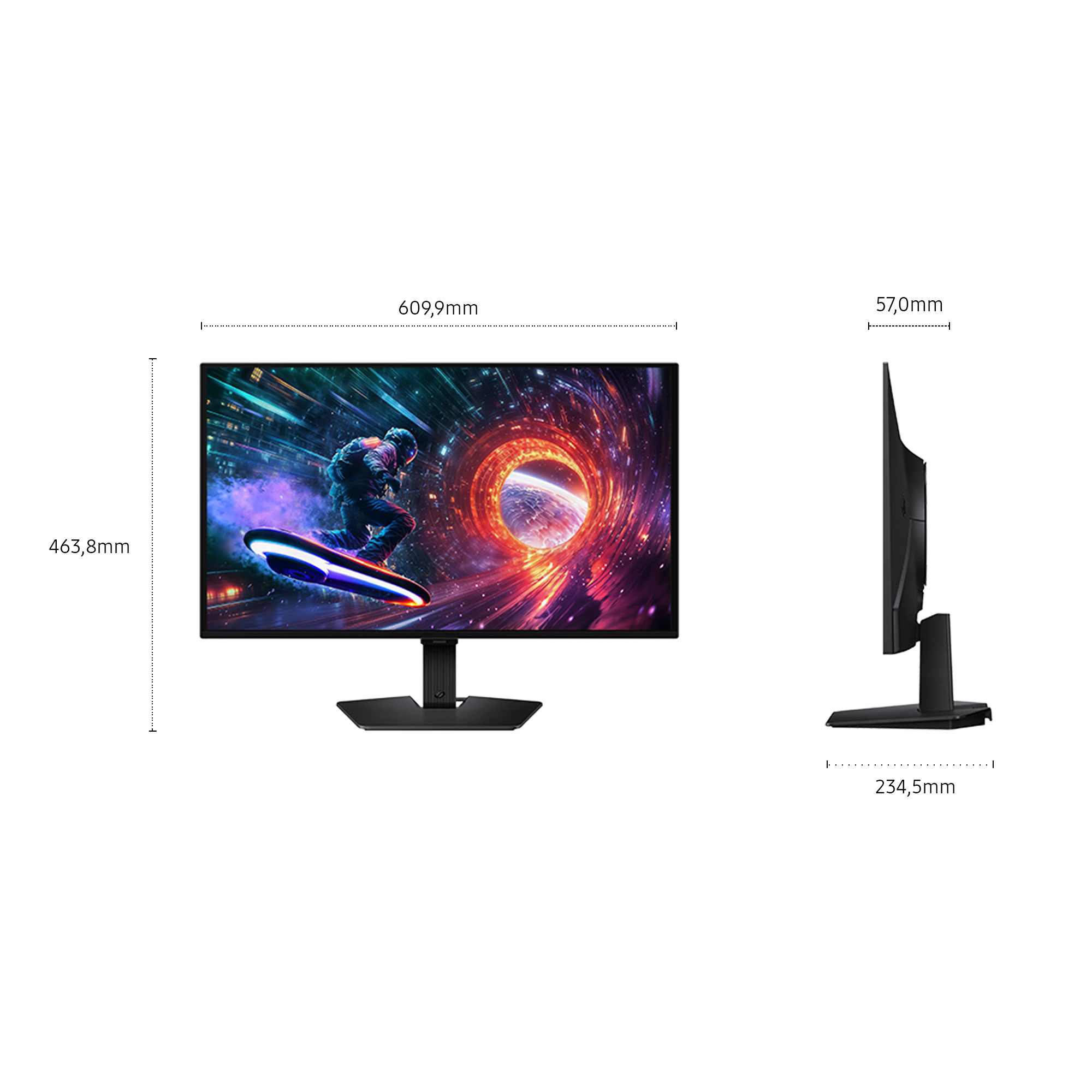 Ein Monitor mit einem Sci-Fi-Bildschirm und Maßangaben.