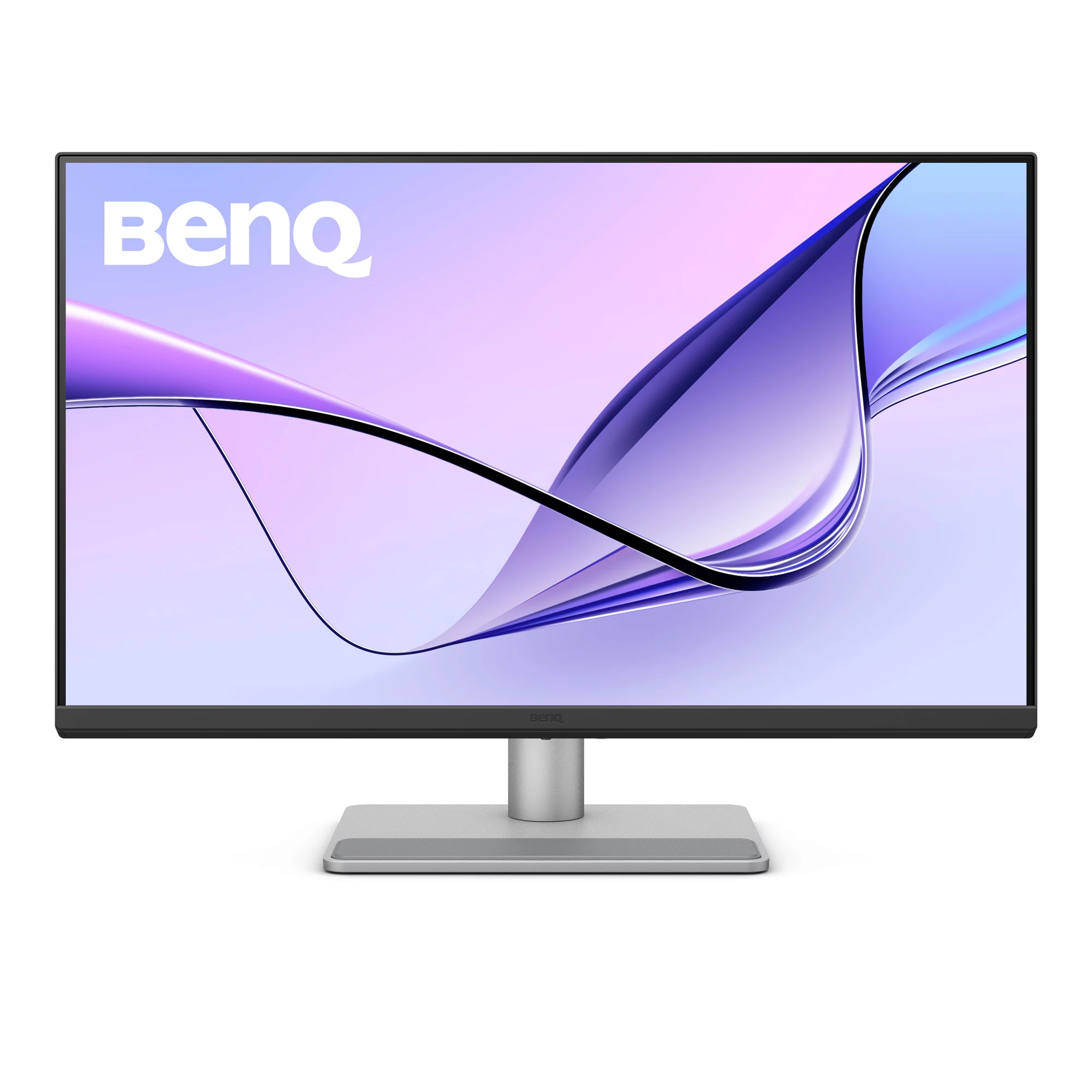A modern silver monitor displaying an abstract, flowing purple and white background.