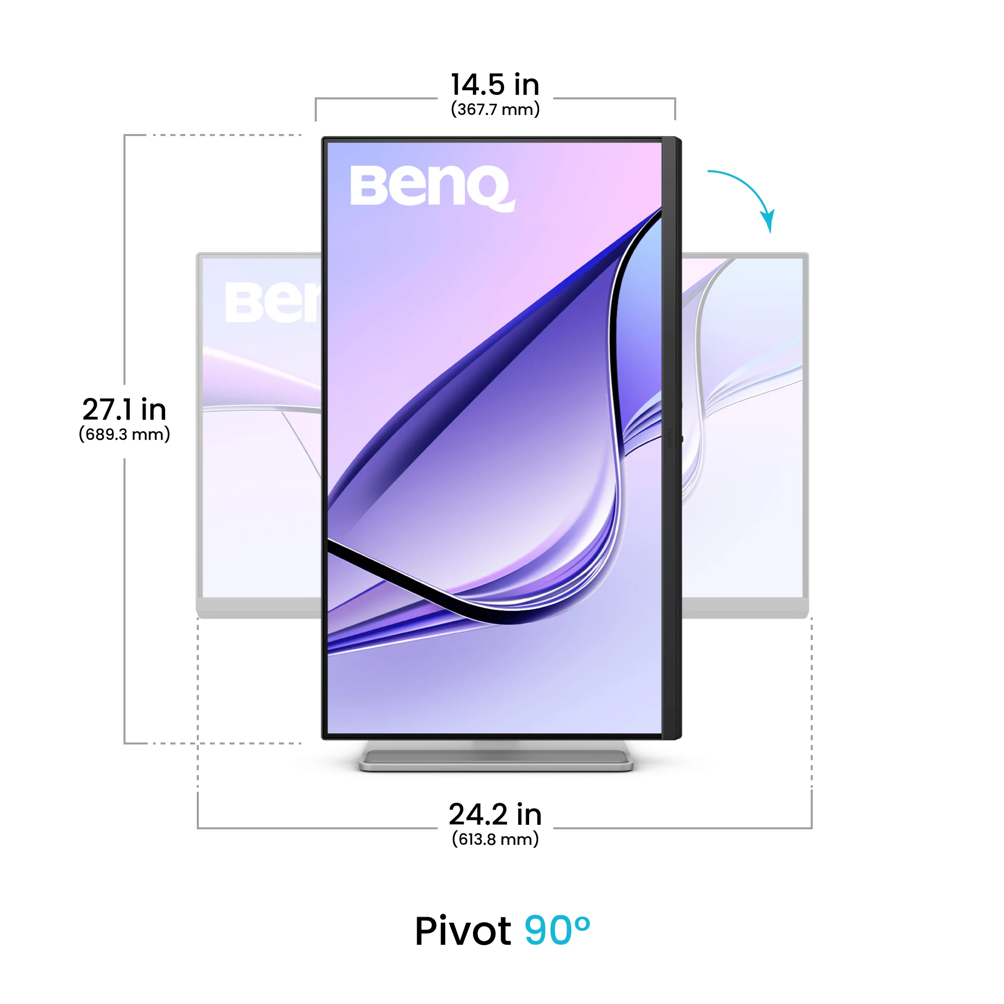 Vertical BenQ monitor with purple design elements and dimensions.