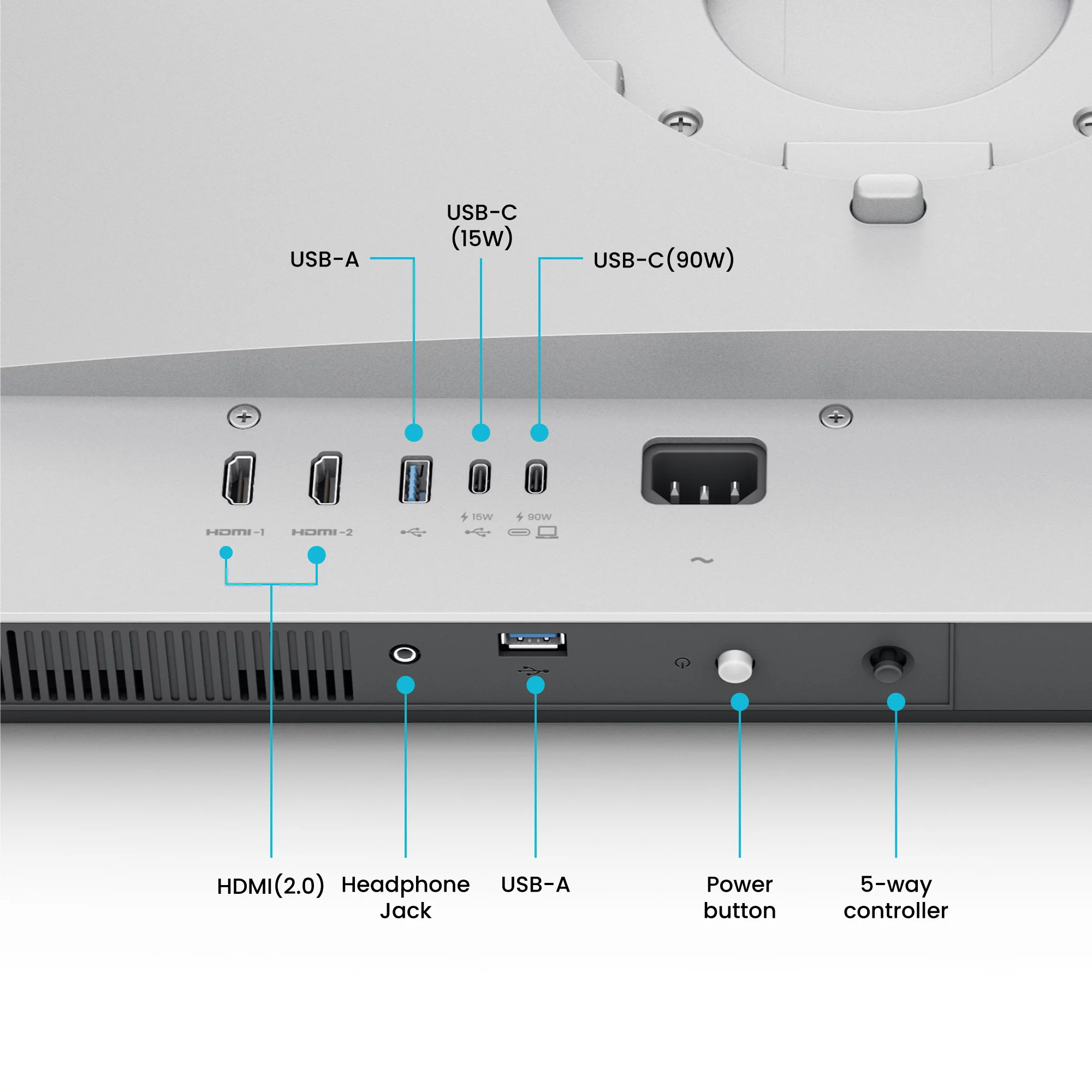 Ports shown: USB-A, USB-C (15W/90W), HDMI, headphone jack, power button.