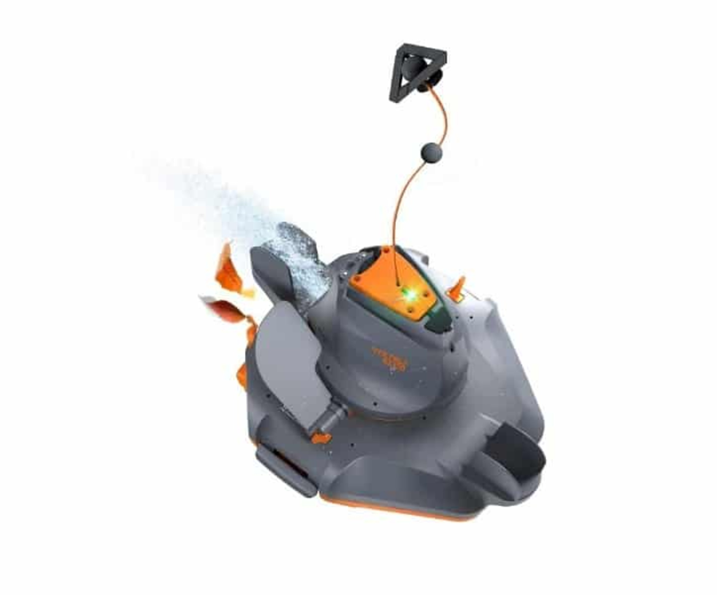 Un robot gris y naranja rociando agua y hojas naranjas.