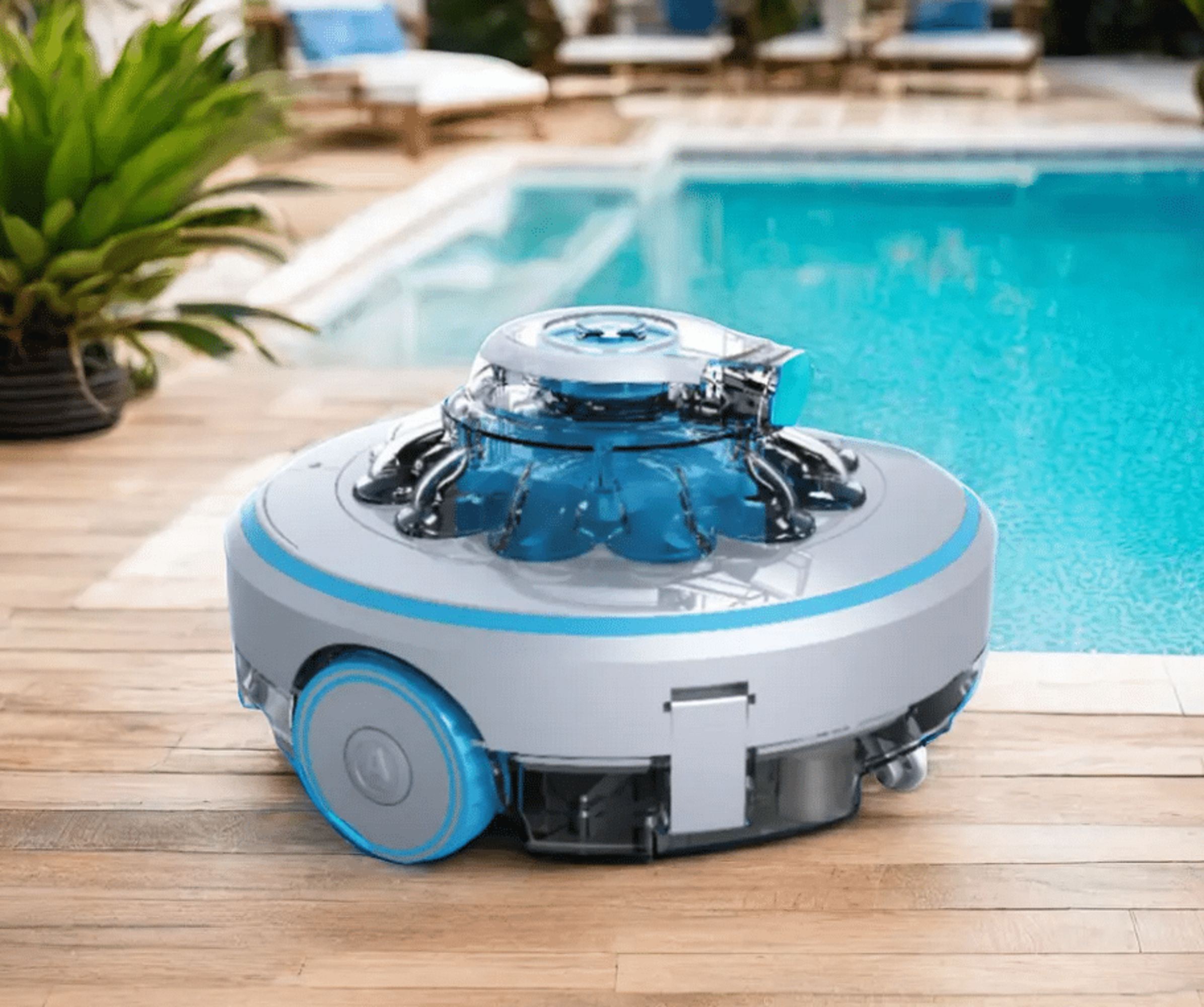 Un robot limpiafondos blanco y azul se sienta en una terraza de madera junto a una piscina.