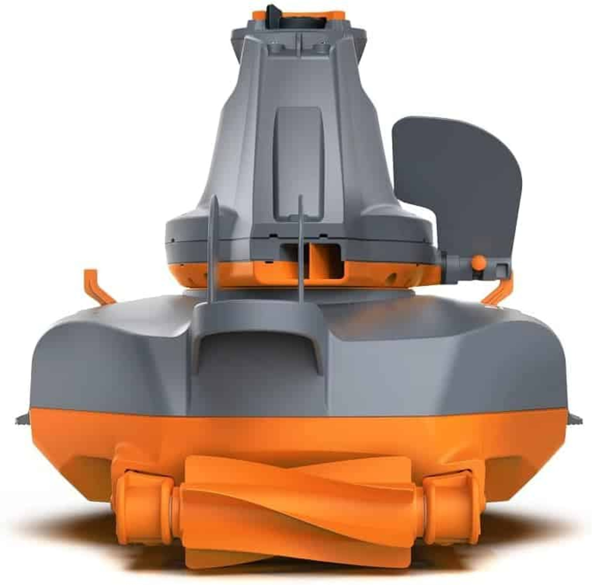 Un robot de piscina gris y naranja con cepillos al frente, sobre fondo blanco.